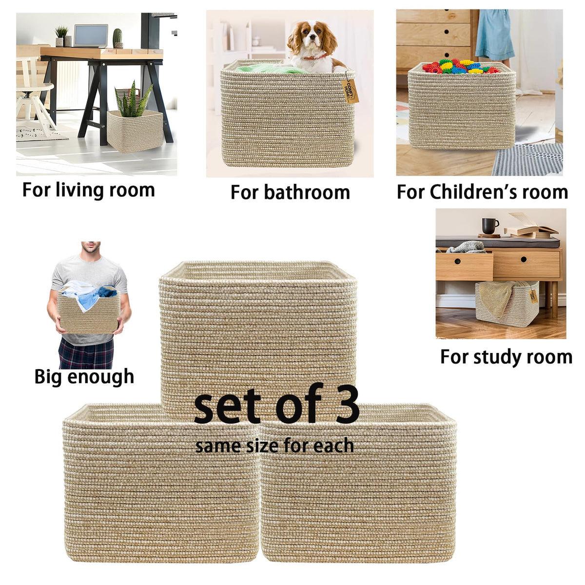3PACK Cotton Rope Square Basket with Handles for Shelves (3 Count)
