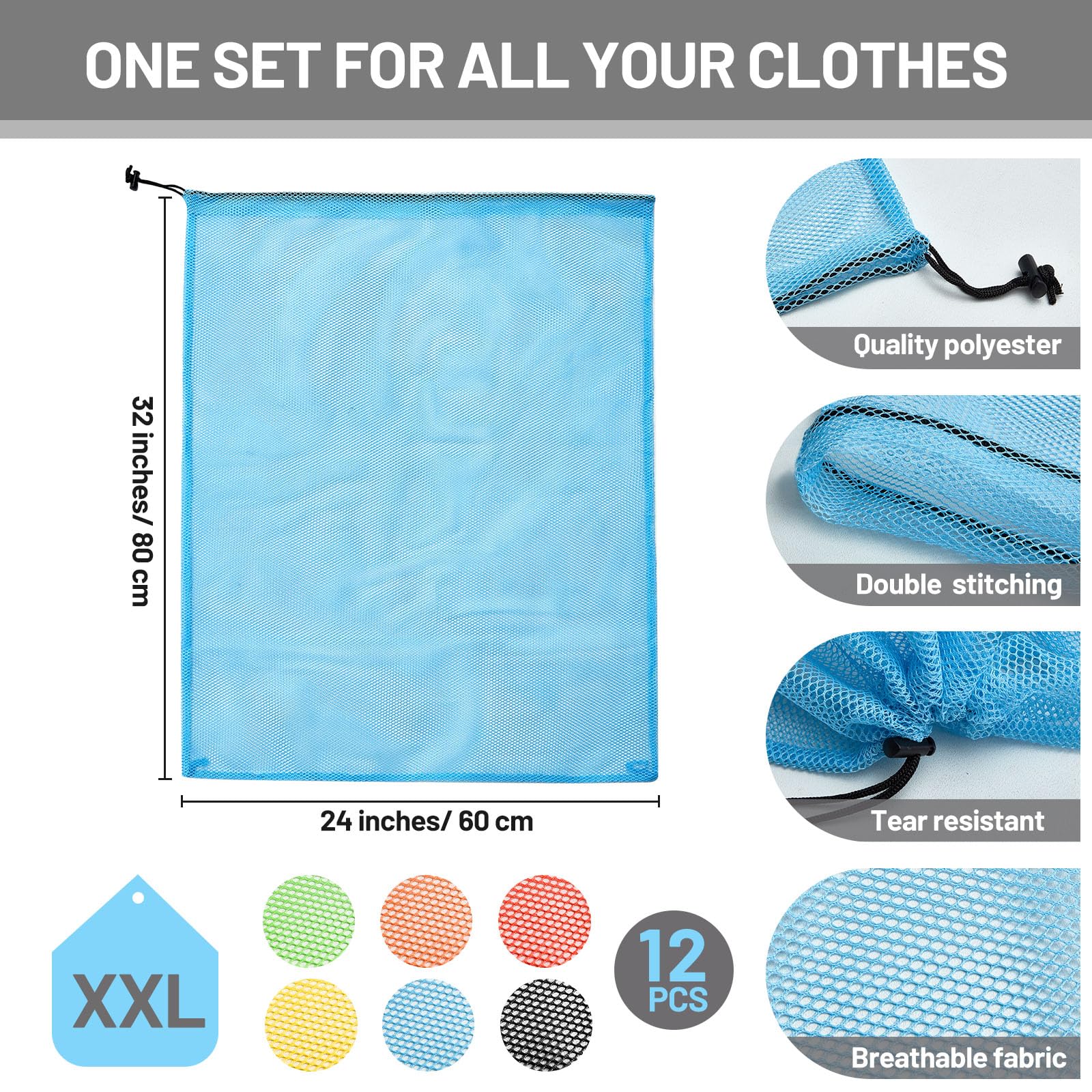 12 Pcs 32 x 24 in Large Laundry Bag Colorful Extra Large Mesh Laundry Bag Bulk with Drawstring Heavy Duty Mesh Machine Washable Drawstring Pouch for Clothing Classification Dorms (12 Count)