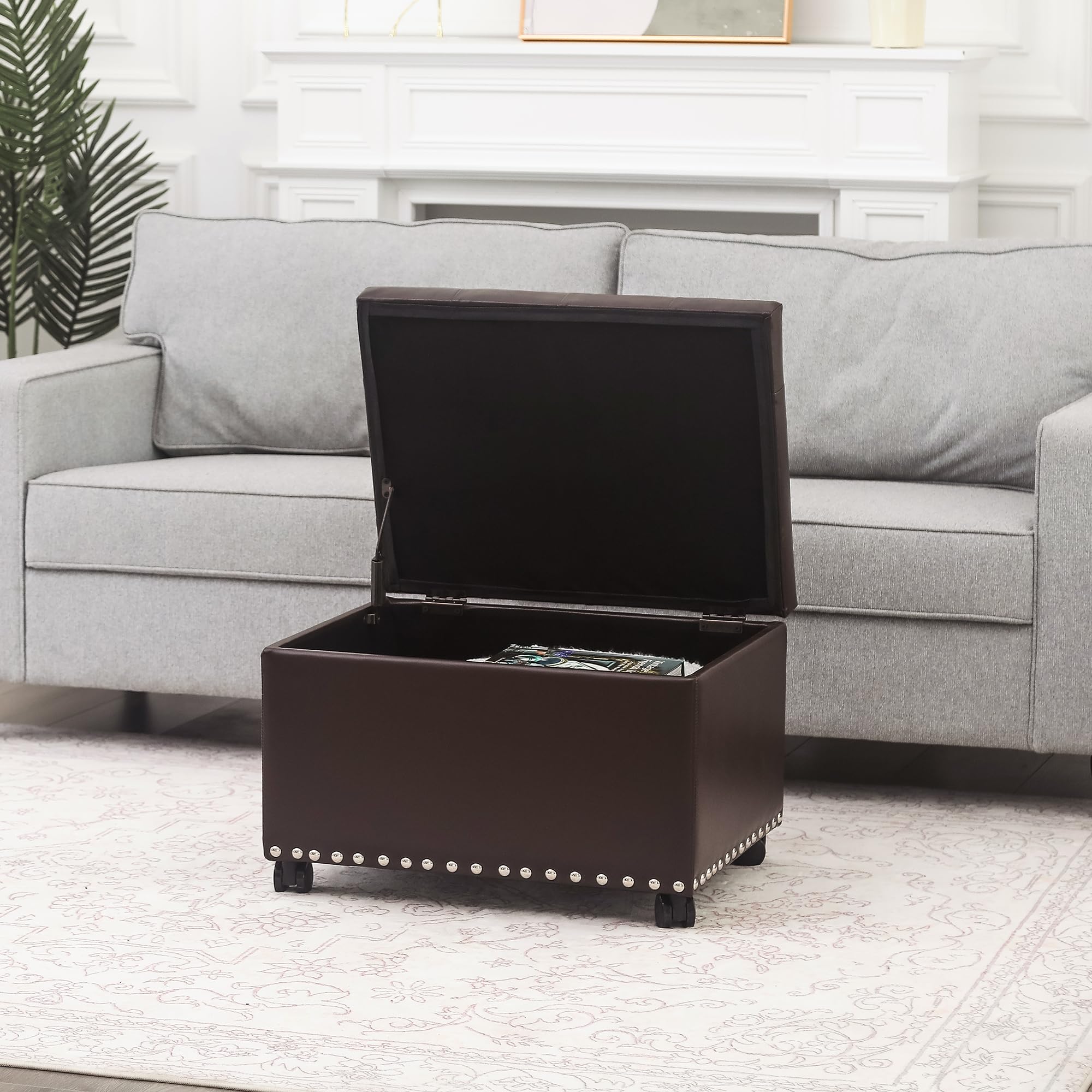 Leather Storage Ottoman with 360° Caster Wheels 24" Foot Rest Bench Rectangle Ottomans Stool for Living Room Bedroom