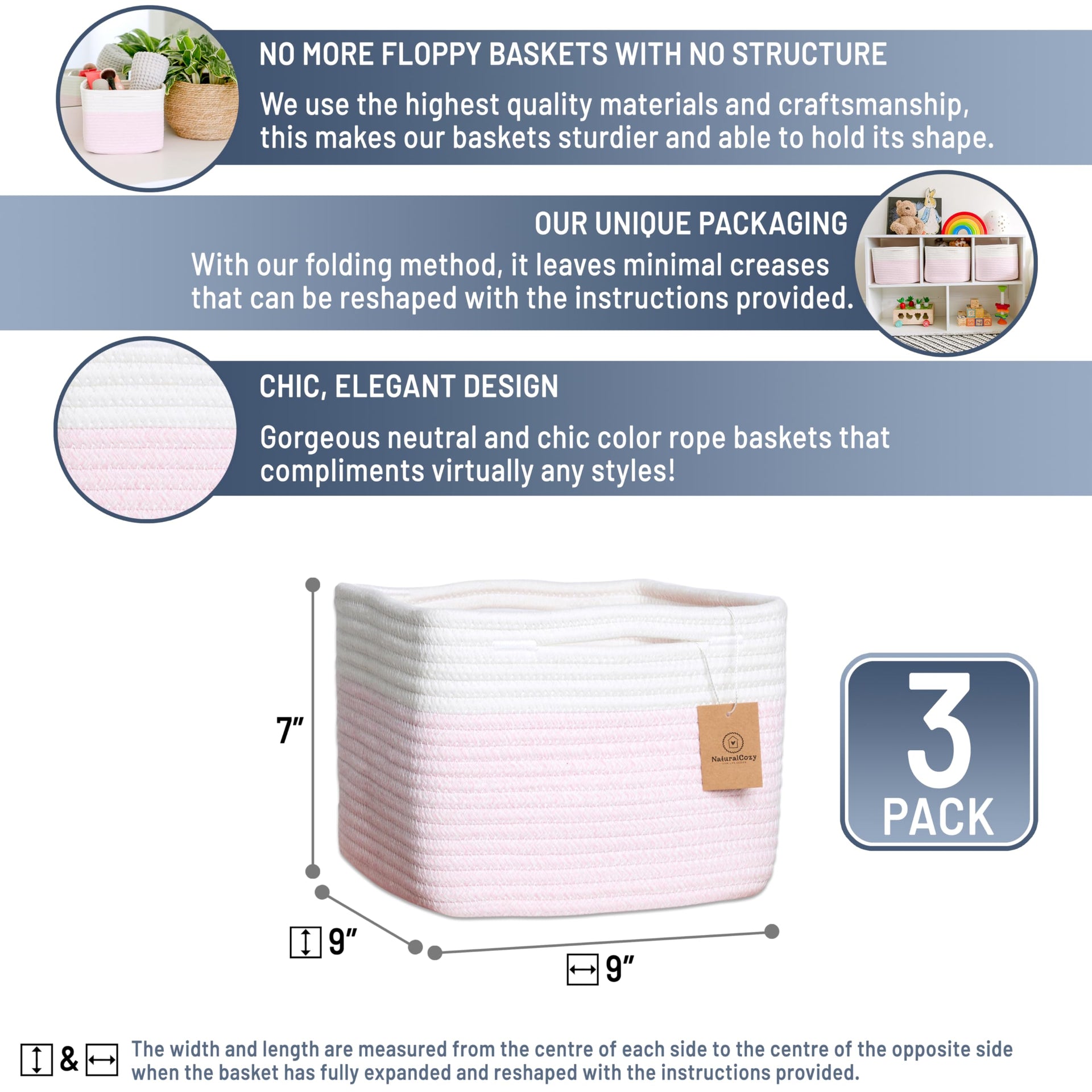 Storage Cubes 9”x9”x7”Cotton Rope Woven Baskets for Organizing 3 (3 Count)
