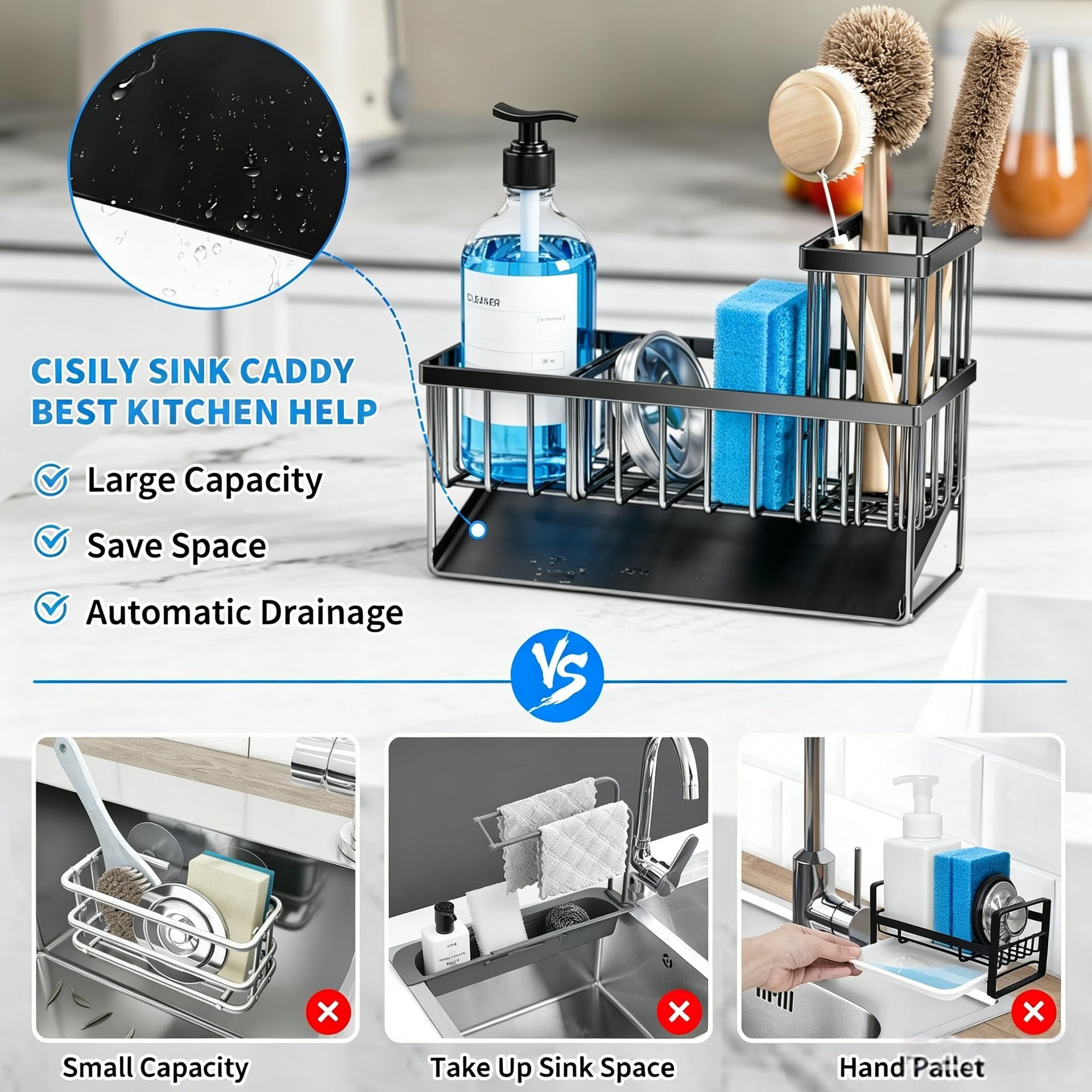 Sink Caddy Sponge Holder for Kitchen with Brush Holder and Stainless Steel Self Drain Tray
