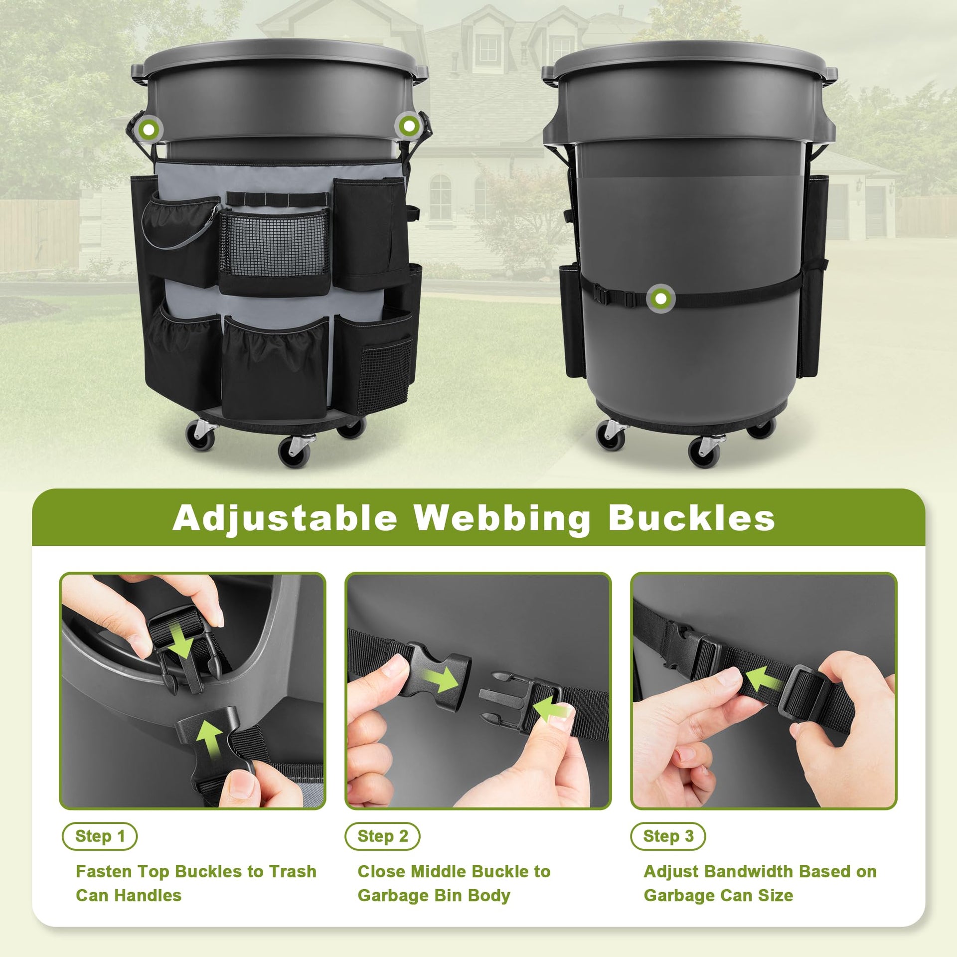 32 55 Gallon Trash Can Caddy Bag with Multi Pockets for Clean Tools