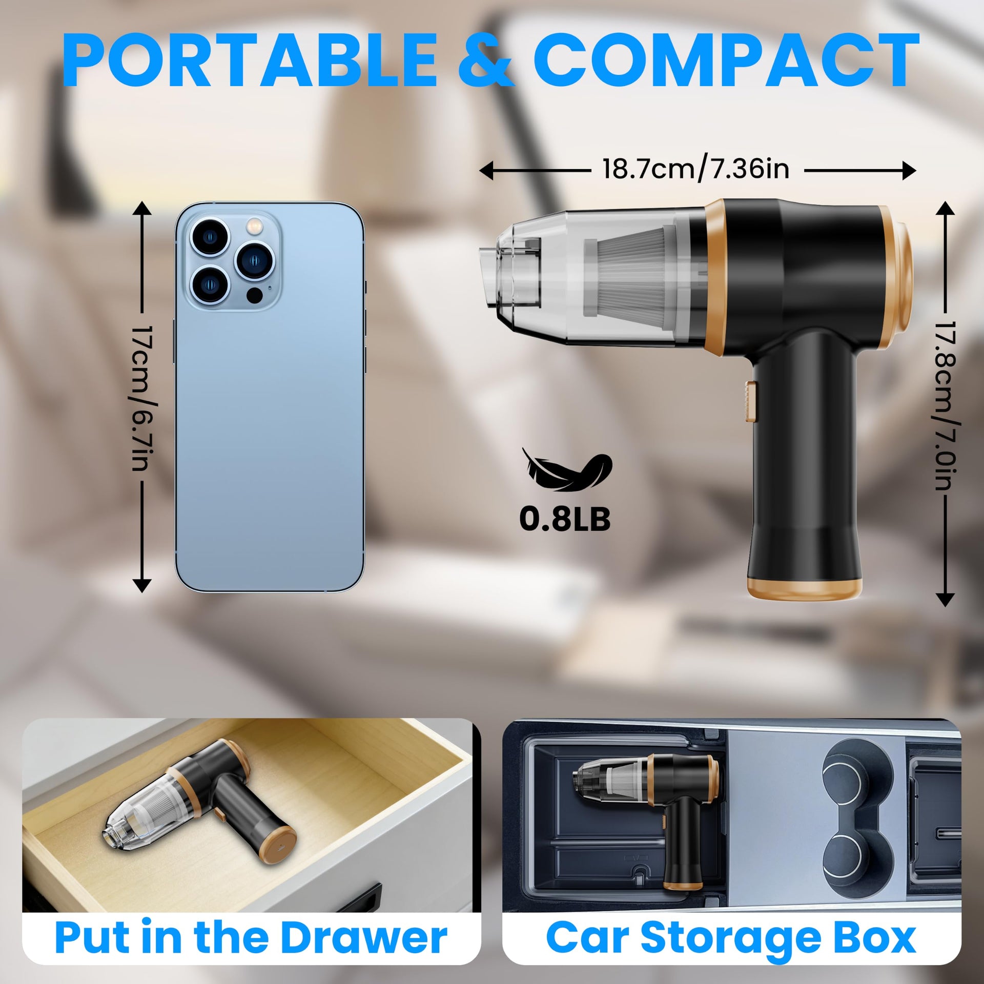 Mini Car Vacuum 15000Pa Portable Cordless Handheld Vacuum Cleaner and Air Duster with 2 Filter for Car