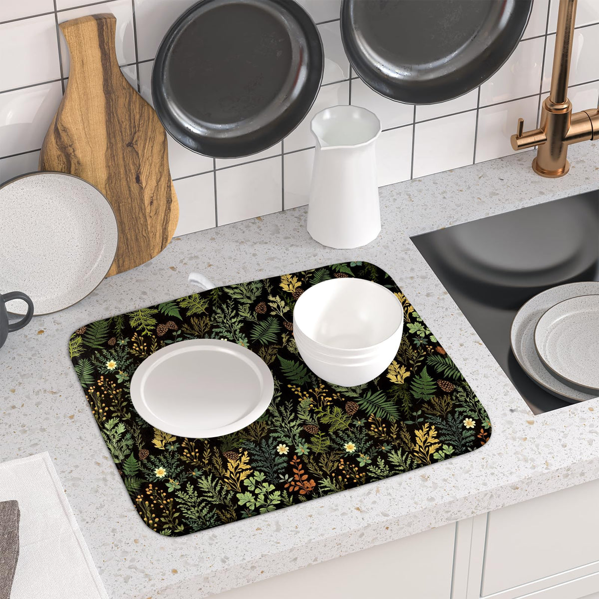 Black Green Botanical Dish Drying Mat for Kitchen Counter 16x18 Inch Super Absorbent Microfiber Kitchen Drying Mat Green Plant Fern Leaves Floral Dish Reusable Washable Dish Drying Pad for Coffee Bar
