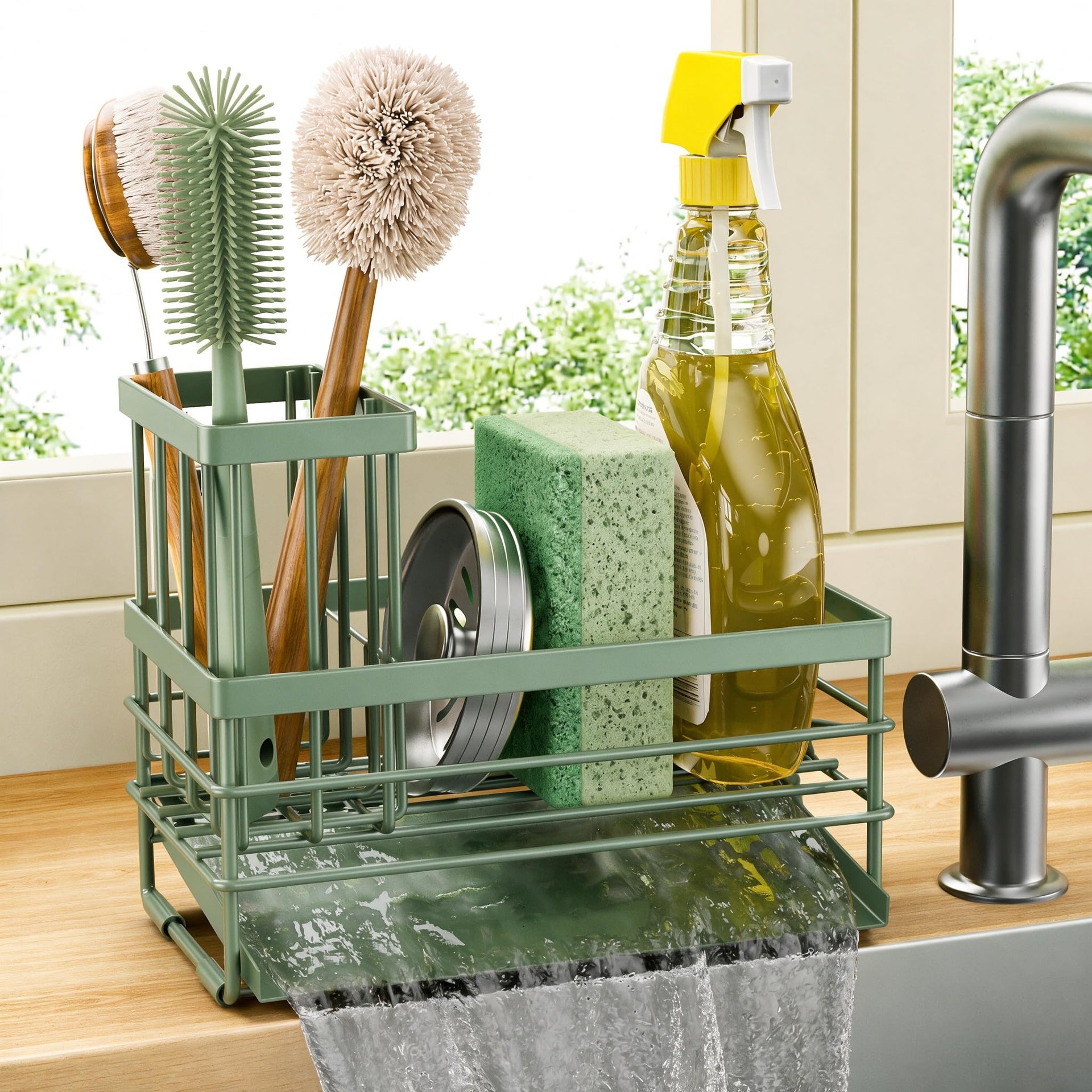 Sink Caddy Sponge Holder for Kitchen with Brush Holder and Stainless Steel Self Drain Tray