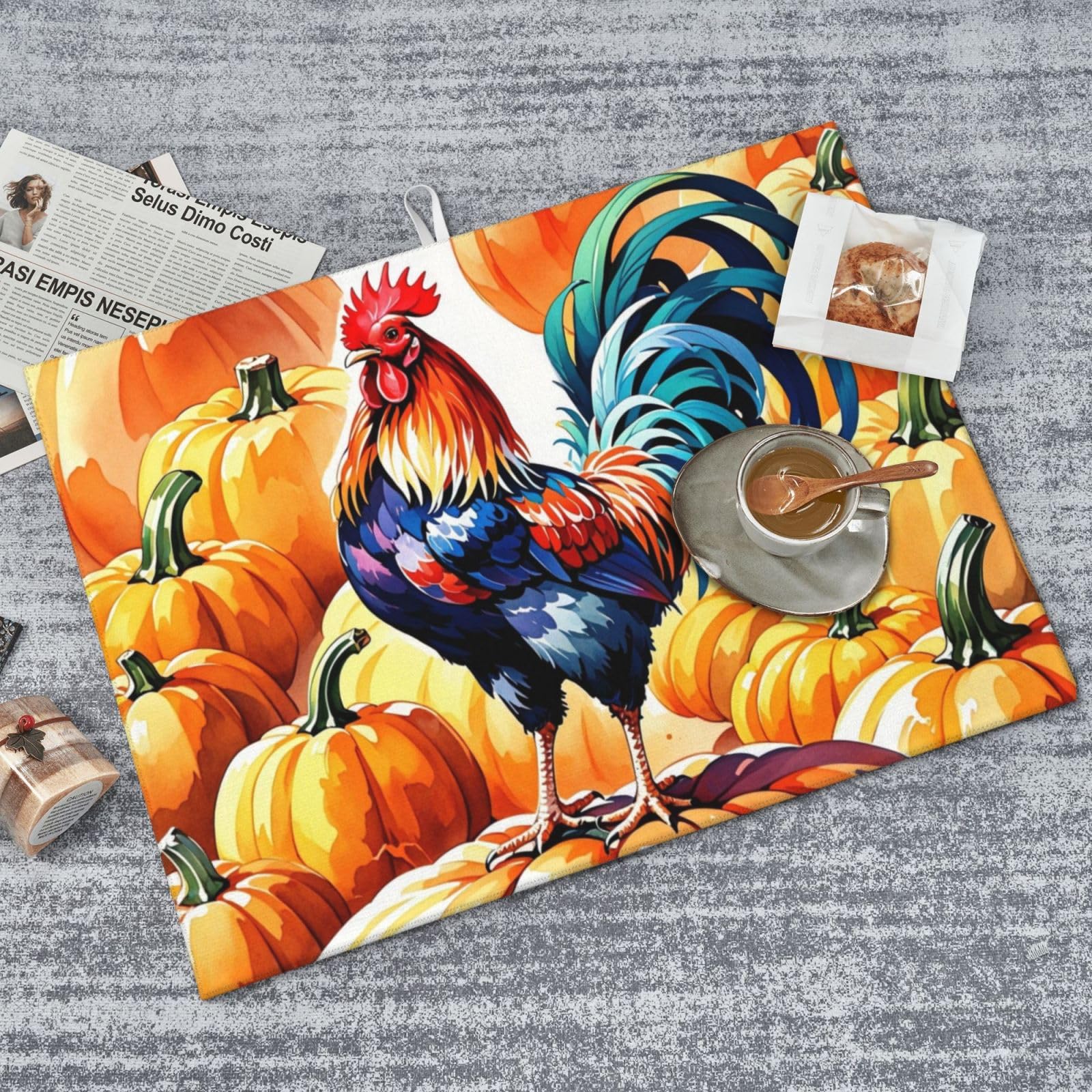 Rooster Pumpkin Dish Drying Mat Highly Absorbent Double