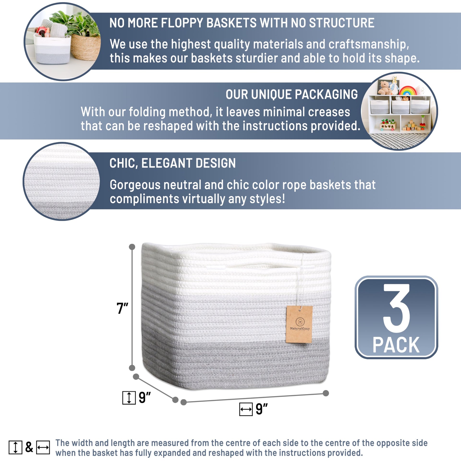Storage Cubes 9”x9”x7”Cotton Rope Woven Baskets for Organizing 3 (3 Count)