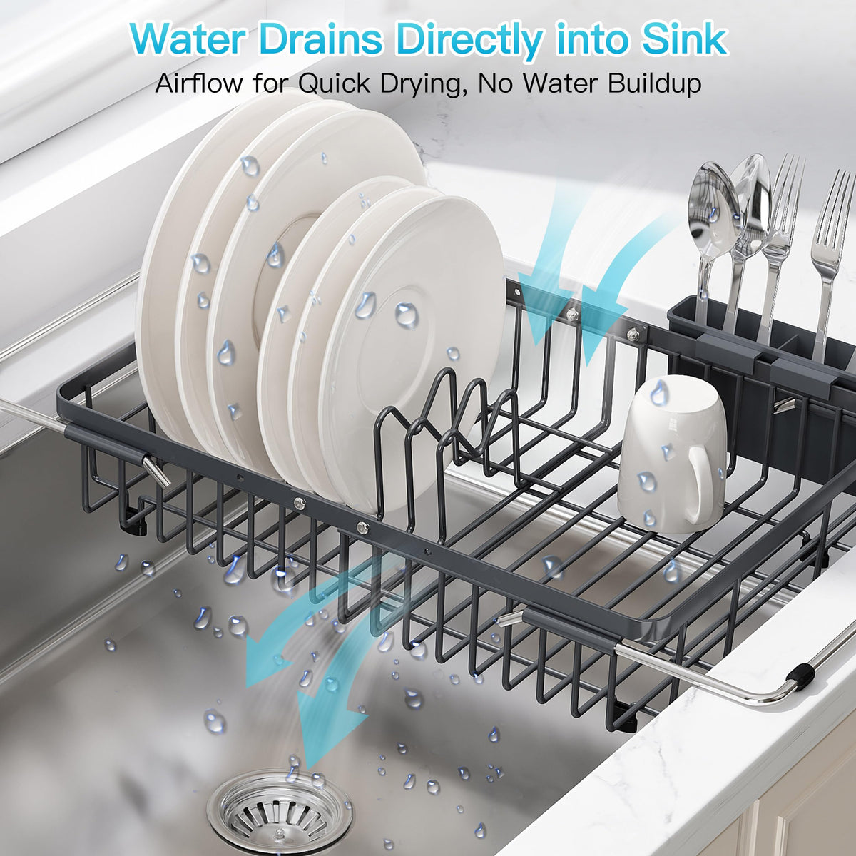 Gray Dish Drying Rack Over the Sink with Utensil Holder