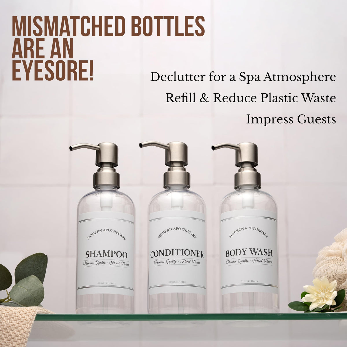 Clear Refillable Shampoo and Conditioner Bottles (3 Count)
