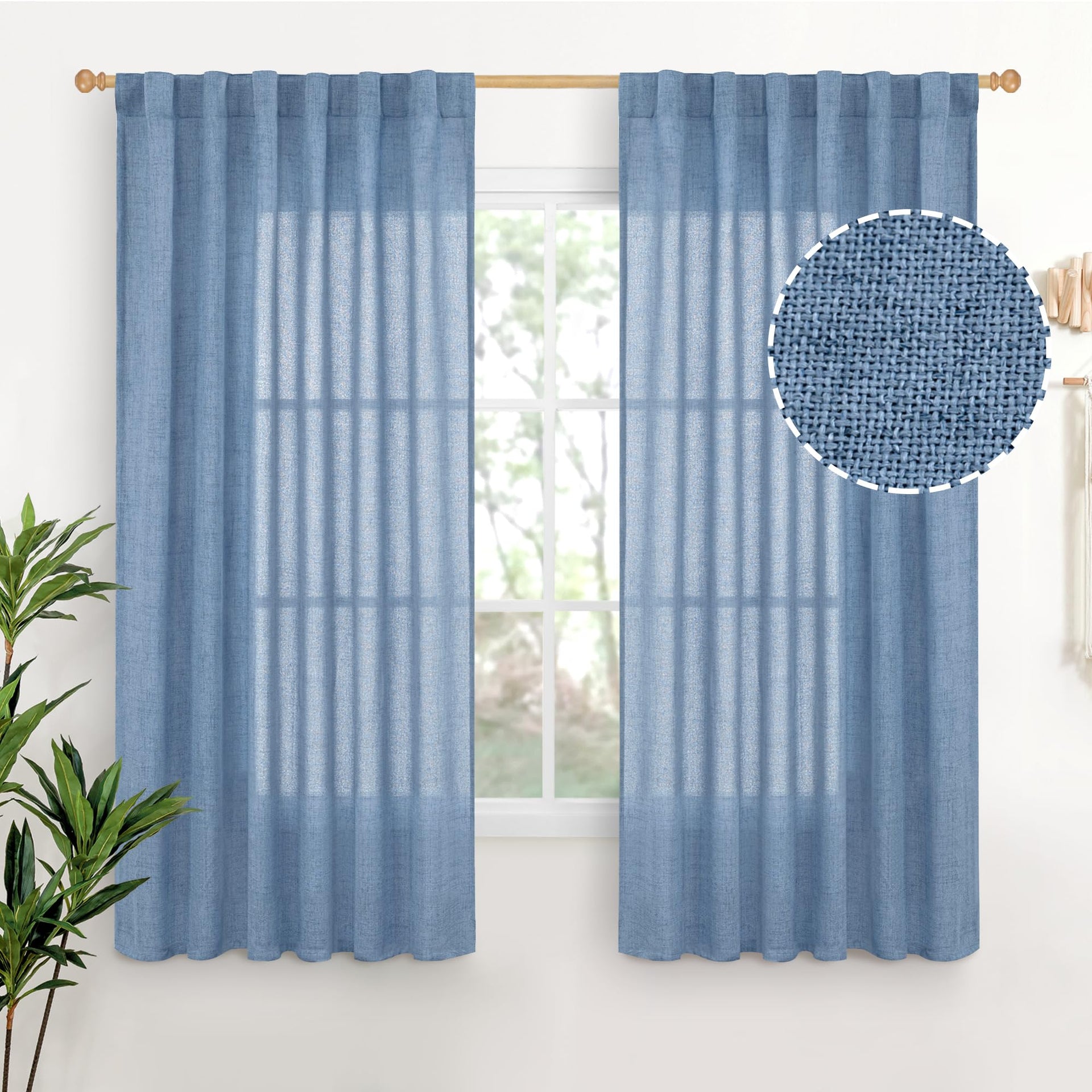 Denim Blue Linen Curtains 63 Inch Length for Bedroom (2 Count)
