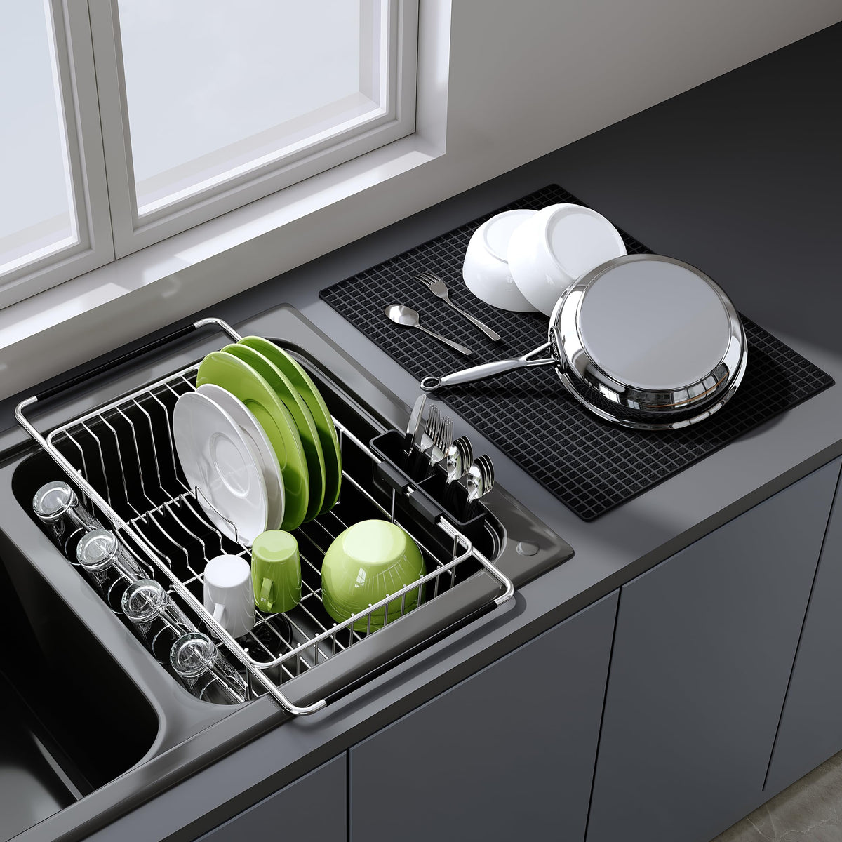 in Sink Dish Drying Rack with Mat