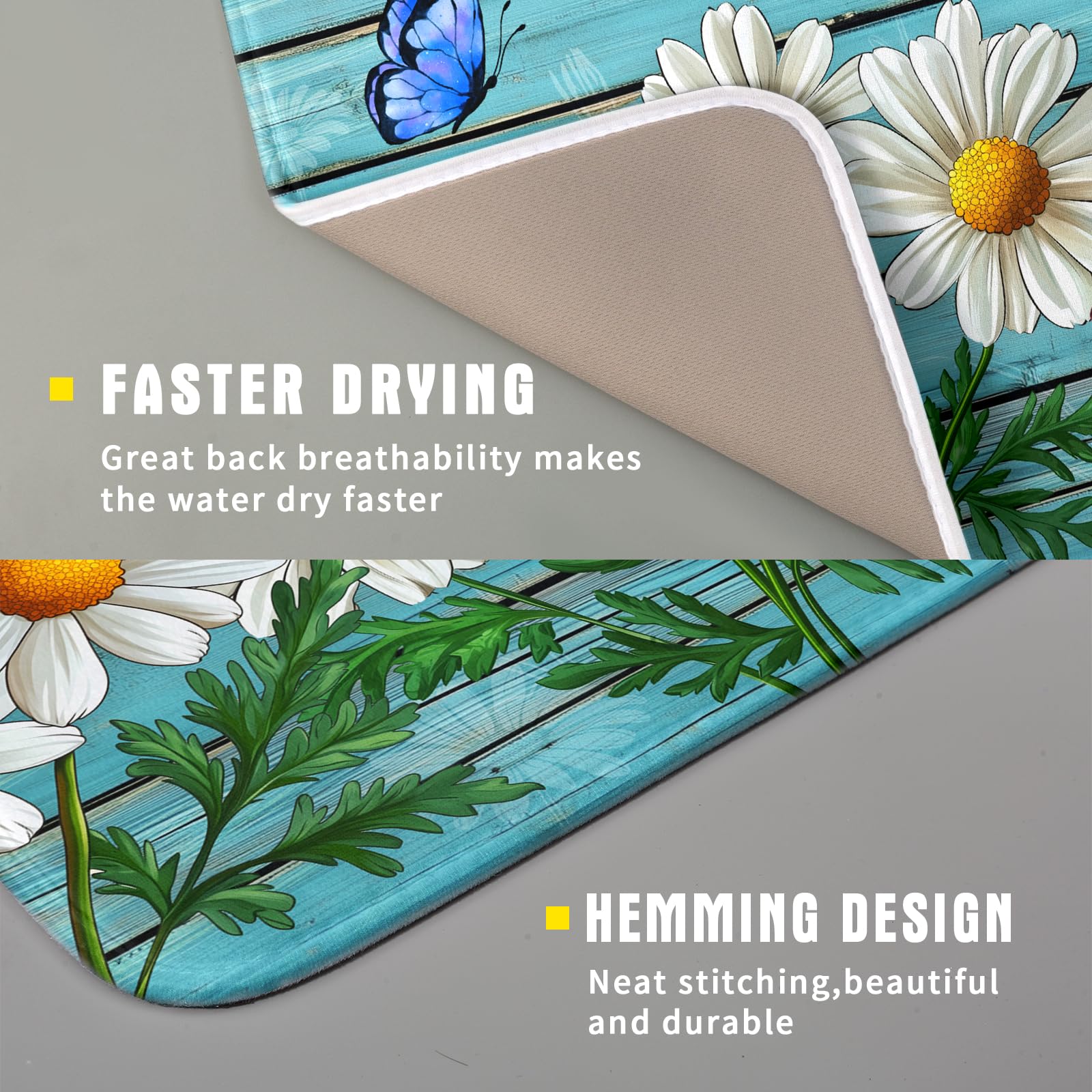 Daisy Dish Drying Mat for Kitchen Counter 16x18in Turquoise Daisy Old Wooden Board Kitchen Mat Absorbent Reversible Microfiber Dishes Pad Fast Drying Dish Drainer Mats for Countertop