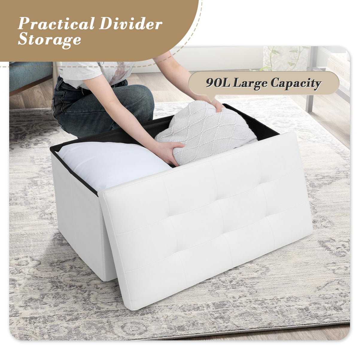 30" Storage Ottoman Bench Folding Bench with 90L Hidden Storage