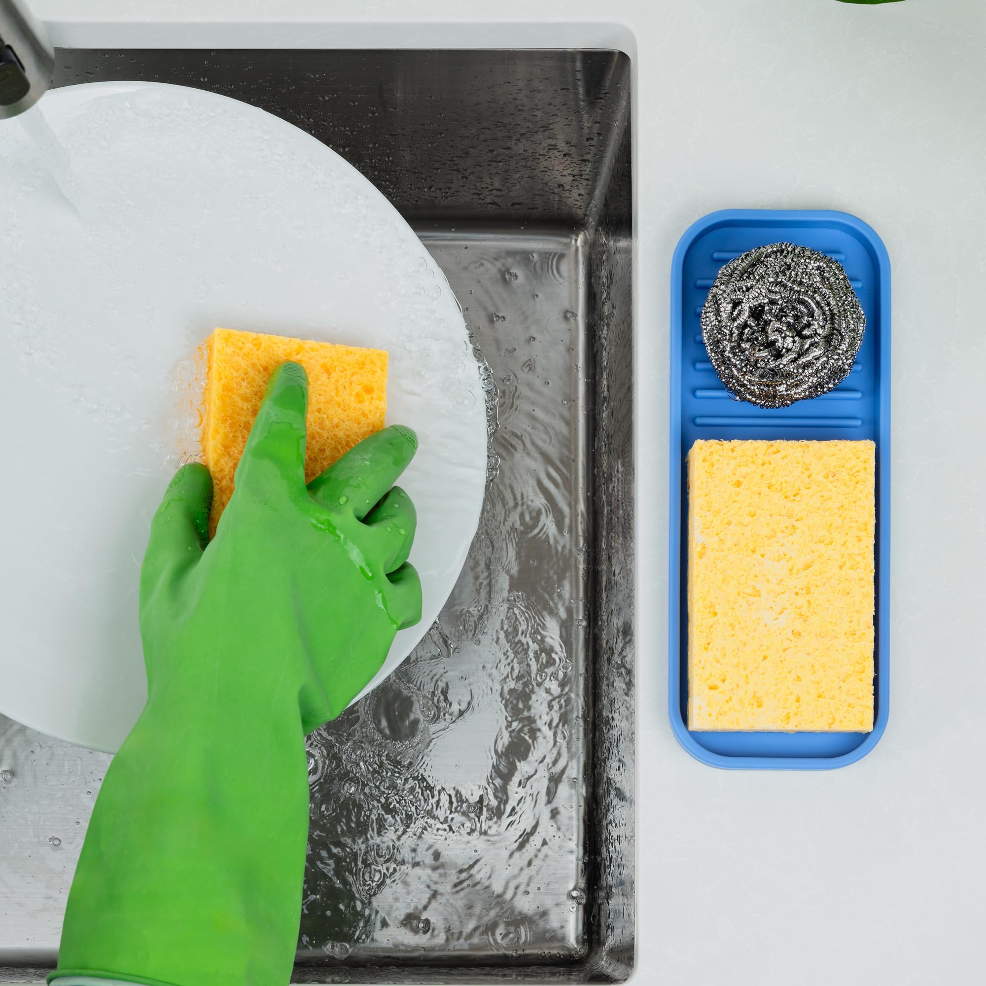 9x3.5) Silicone Sponge Holder for Kitchen Sink - Flexible Multipurpose Soap Tray Sponge Holder - Sink Organizer Tray for, Bathroom, Makeup, Trinkets & More (Provence Blue)