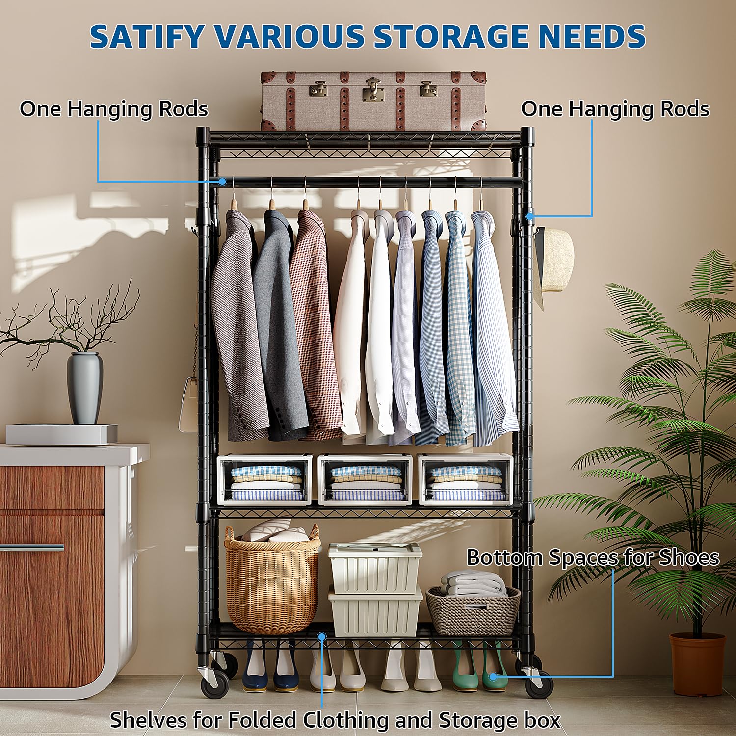 Heavy Duty Rolling Garment Rack 3 Tiers Adjustable Wire Shelving Clothes Rack with Rods and Side Hooks