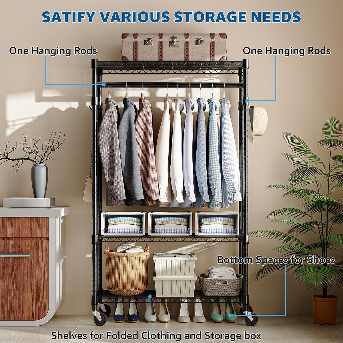 Heavy Duty Rolling Garment Rack 3 Tiers Adjustable Wire Shelving Clothes Rack with Rods and Side Hooks