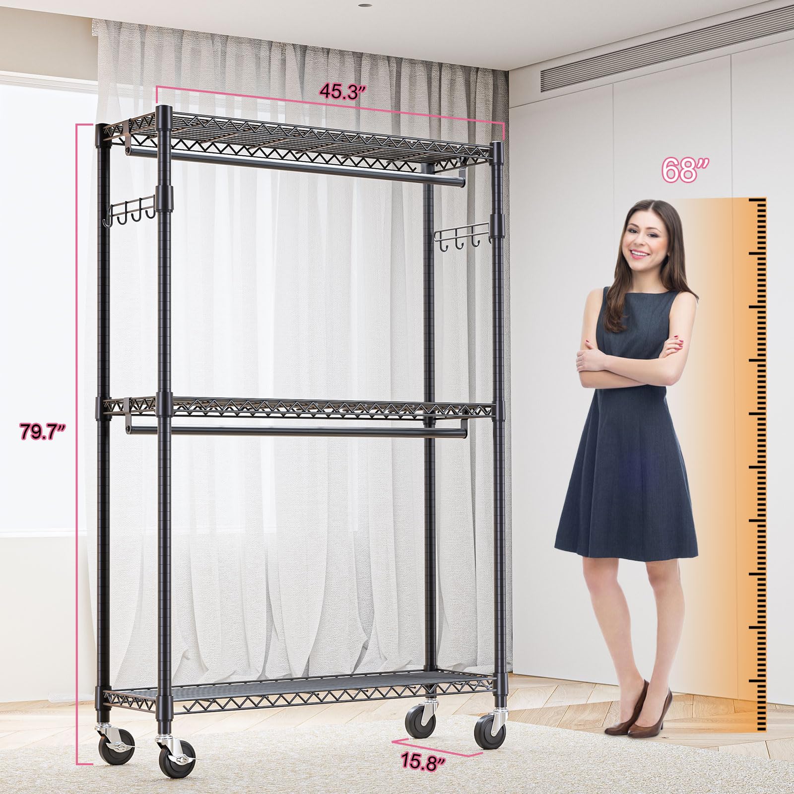 Heavy Duty Rolling Garment Rack 3 Tiers Adjustable Wire Shelving Clothes Rack with 2 Rods and Side Hooks