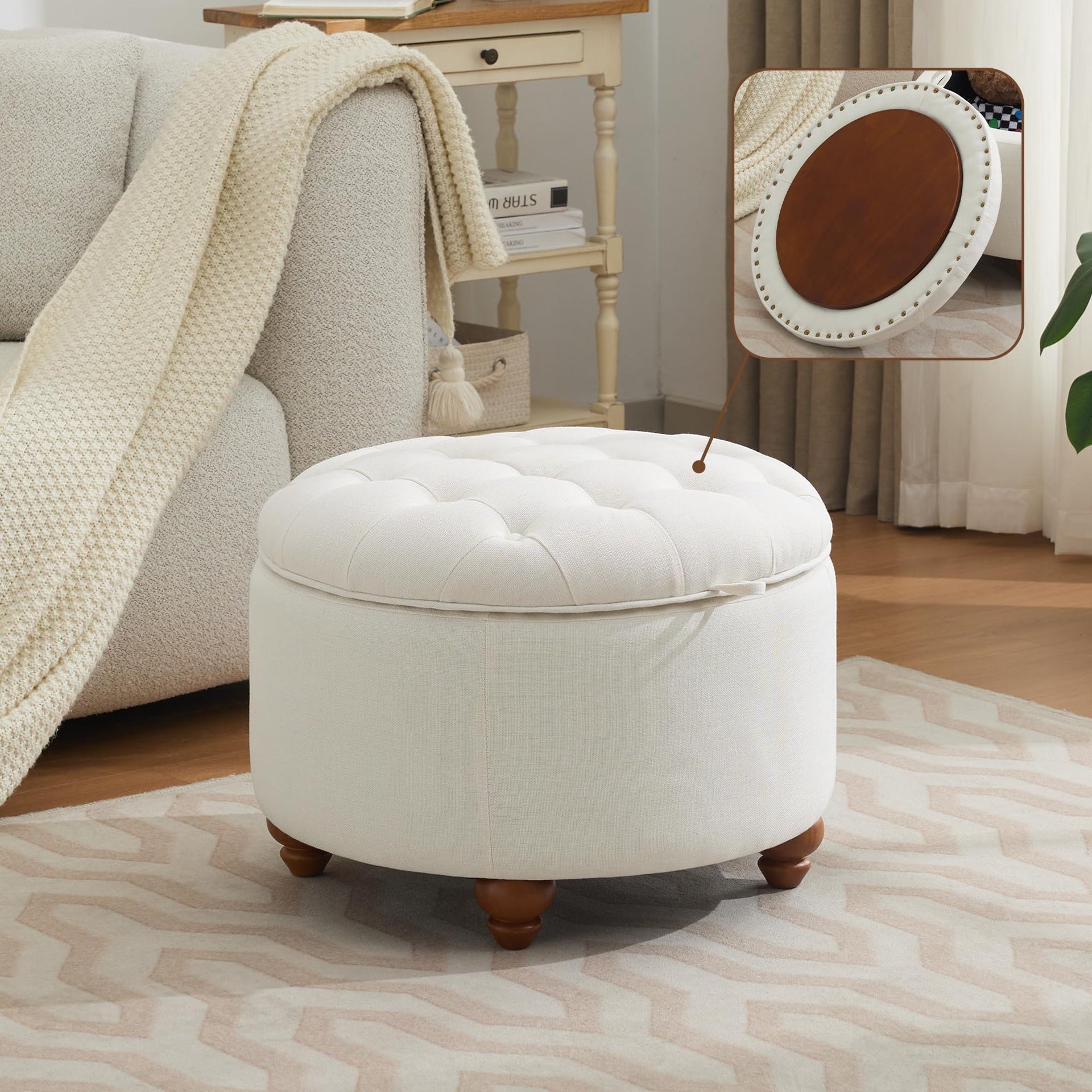 24Inch Round Storage Ottoman with Tray
