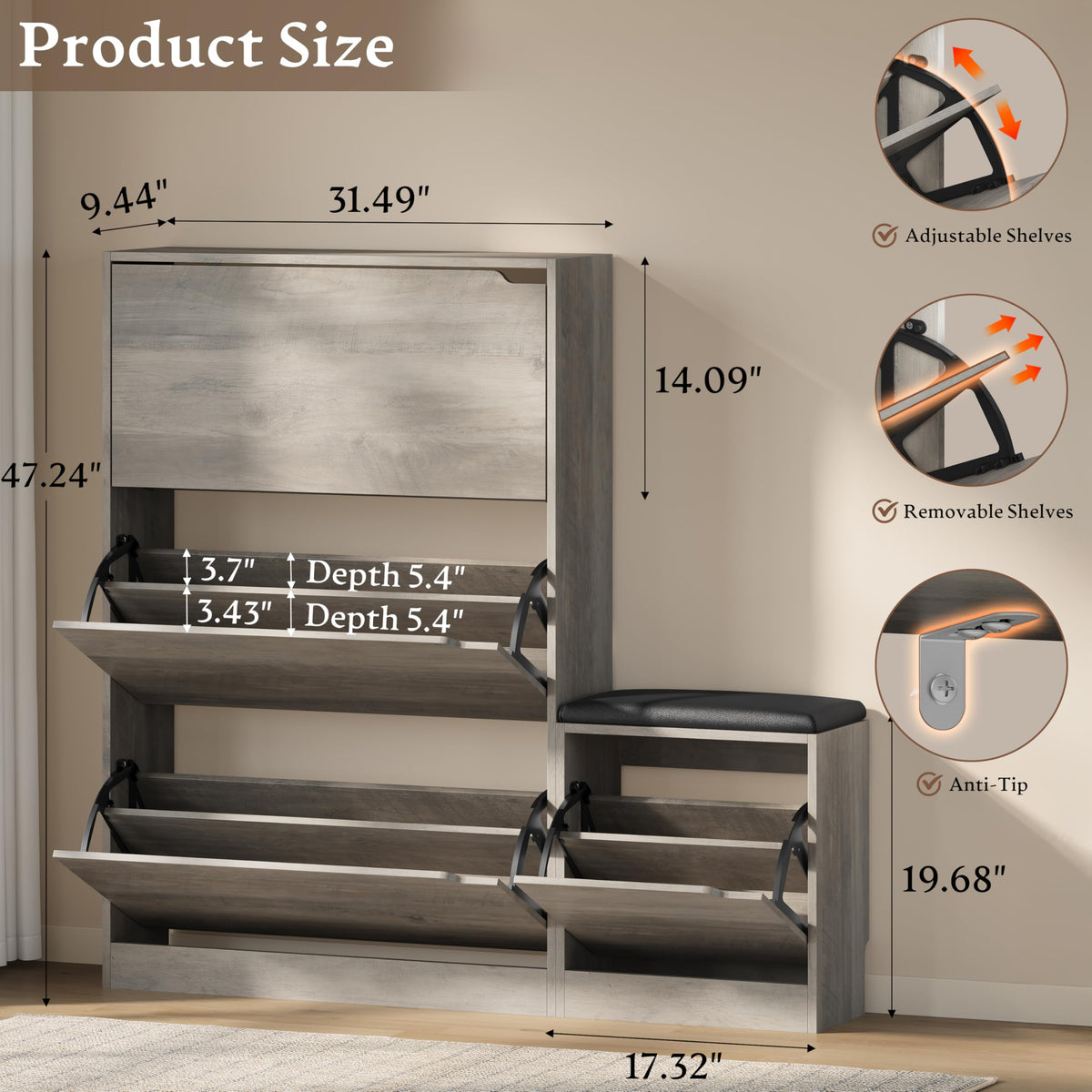 Shoe Cabinet with Bench and 3 Flip Drawers