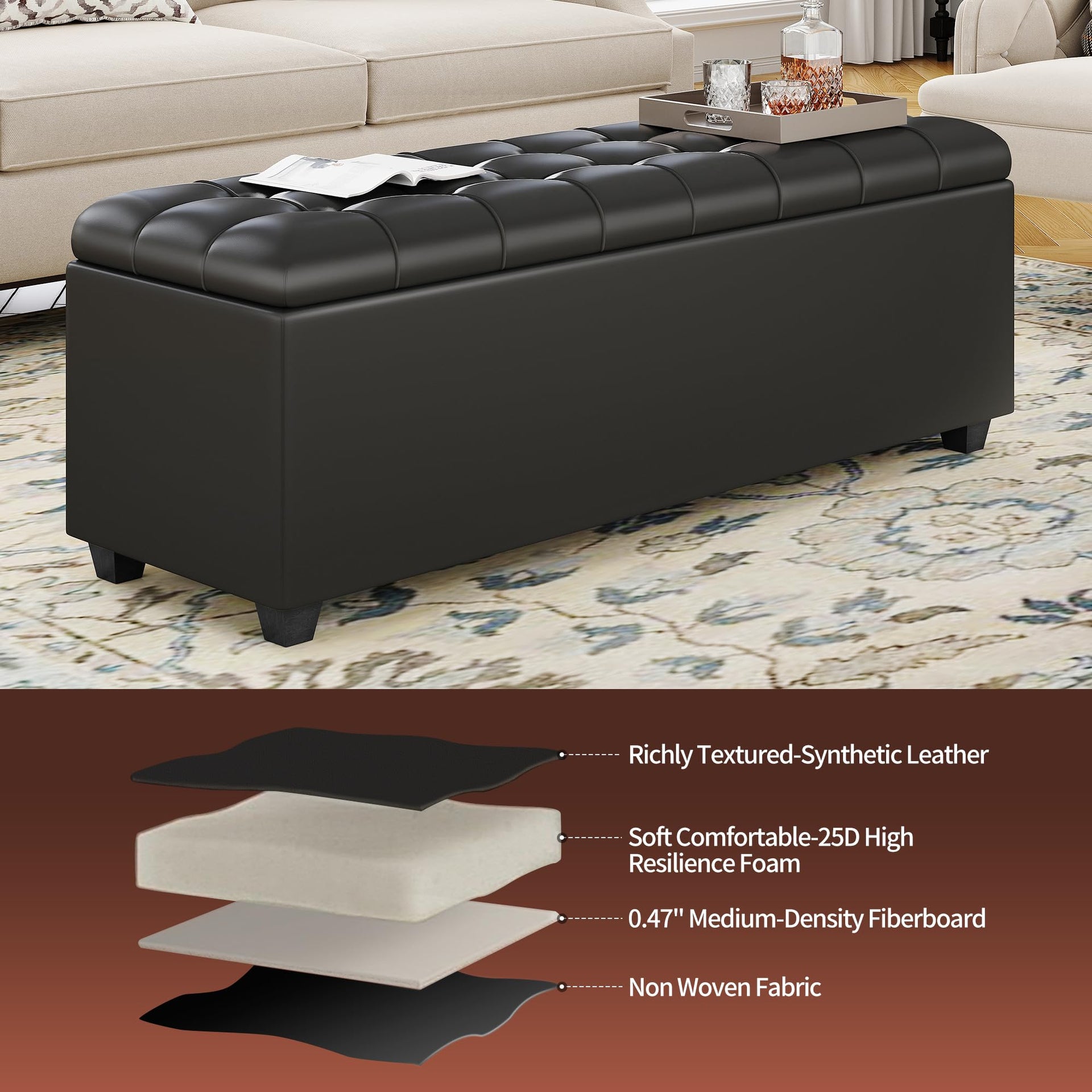 Black 38" Faux Leather Storage Ottoman Bench with Hinged Lid and Footrest