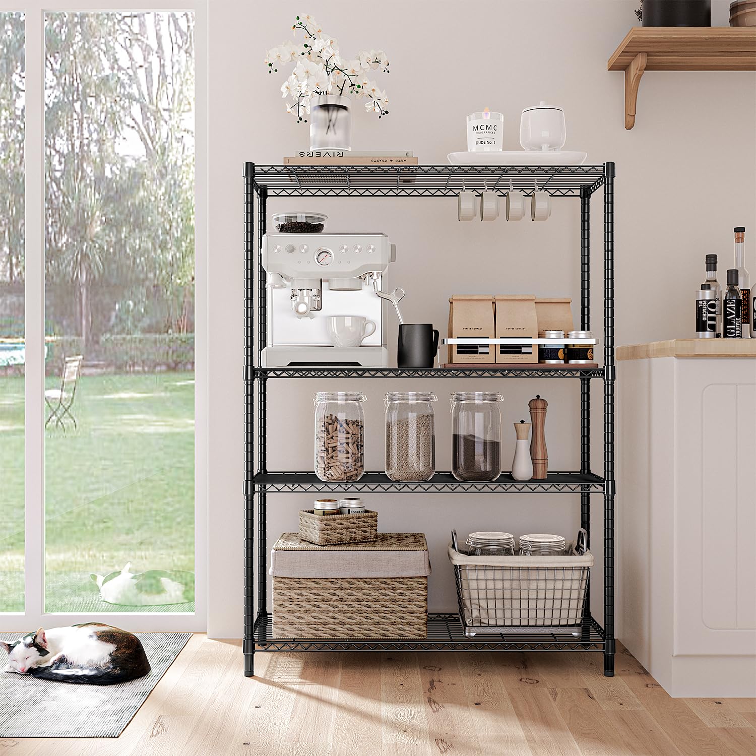 1400 LBS Garage Black Shelving Wide Storage Shelves 4 Tier Adjustable Heavy Duty Metal Wire Rack Standing Shelf Unit for Kitchen Office College Dorm Garage Warehouse 15.8" x 45.8"x 59.4"