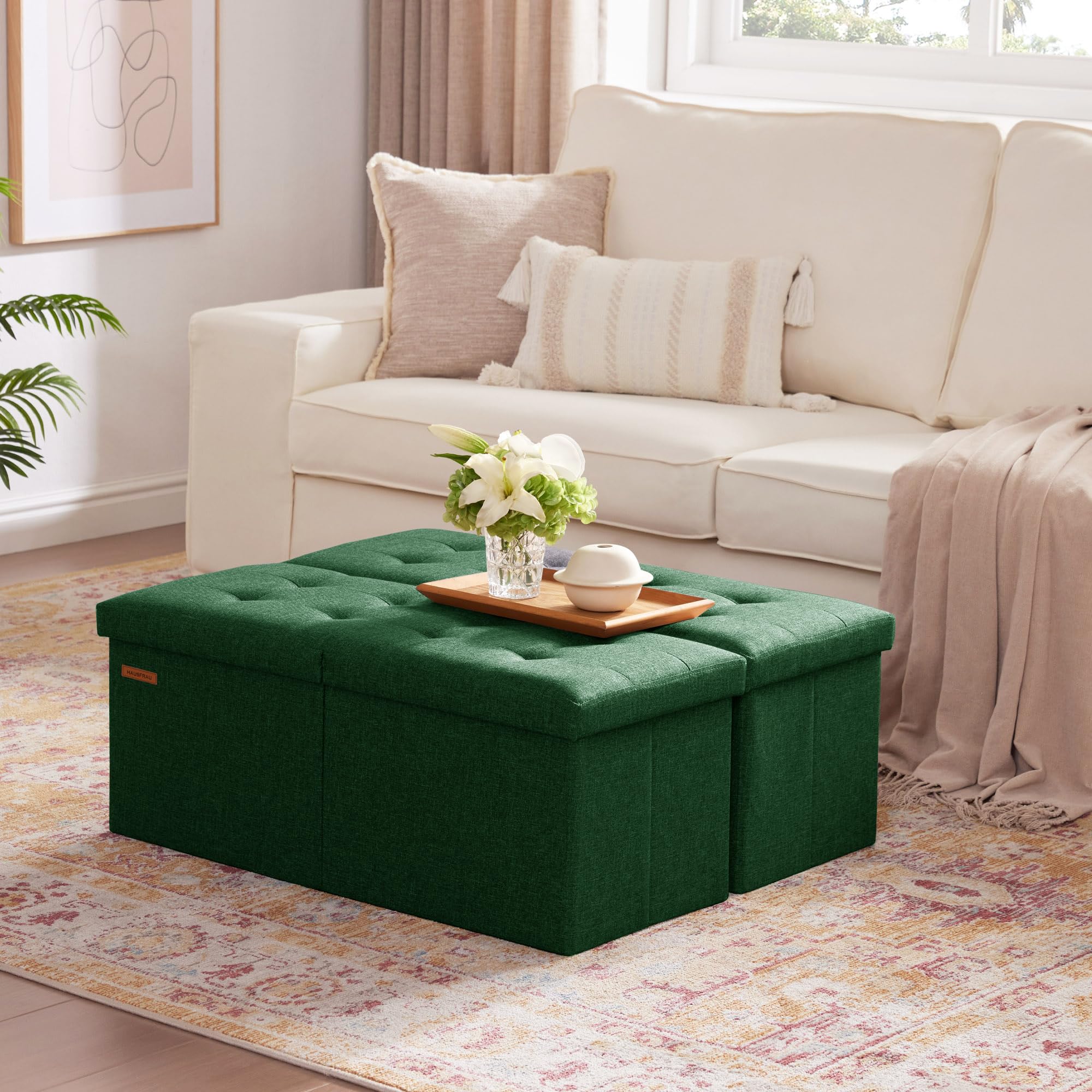 Ottoman with Storage Bench Folding Foot Rest Stool Linen Green