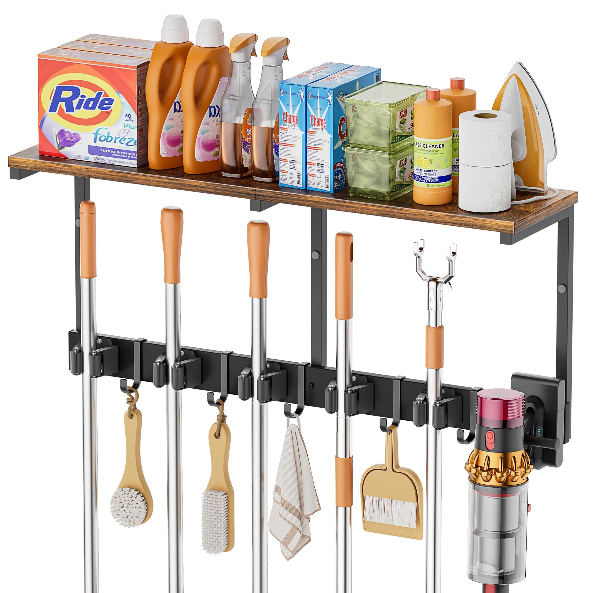 Broom Holder Wall Mount with Cleaning Supplies Organizer