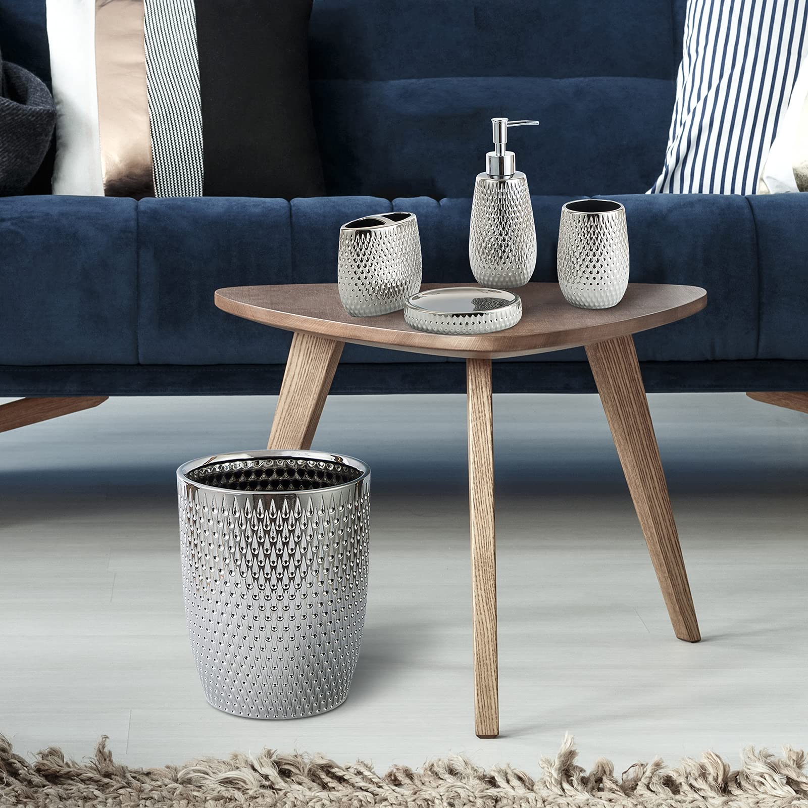Modern Round Silver Small Trash Can Wastebasket