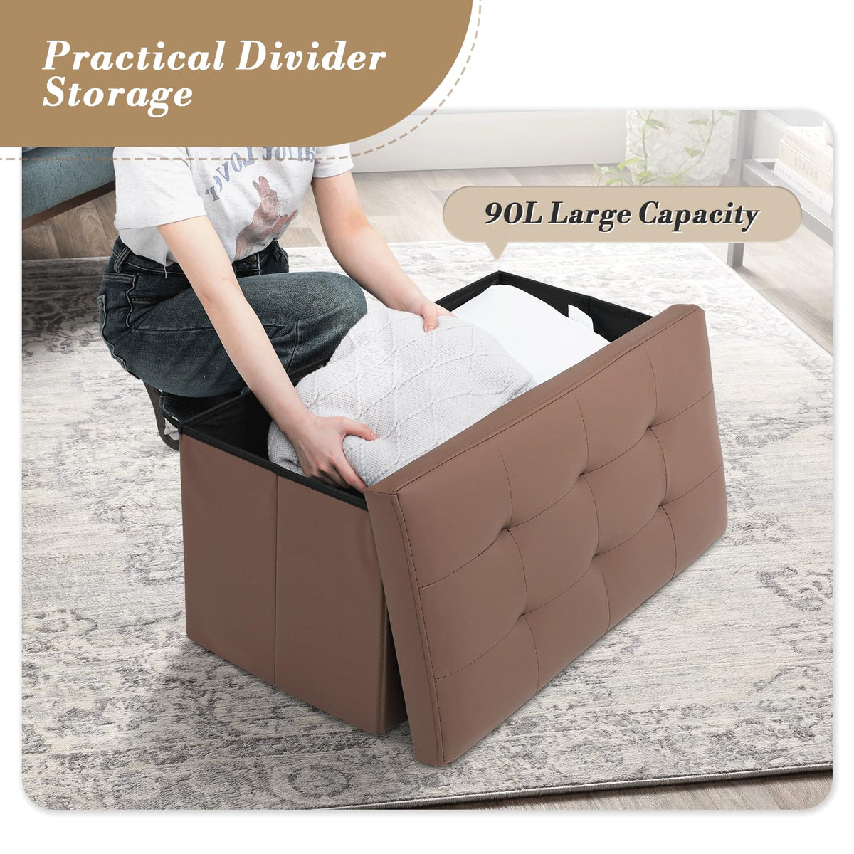 30" Storage Ottoman Bench Folding Bench with 90L Hidden Storage