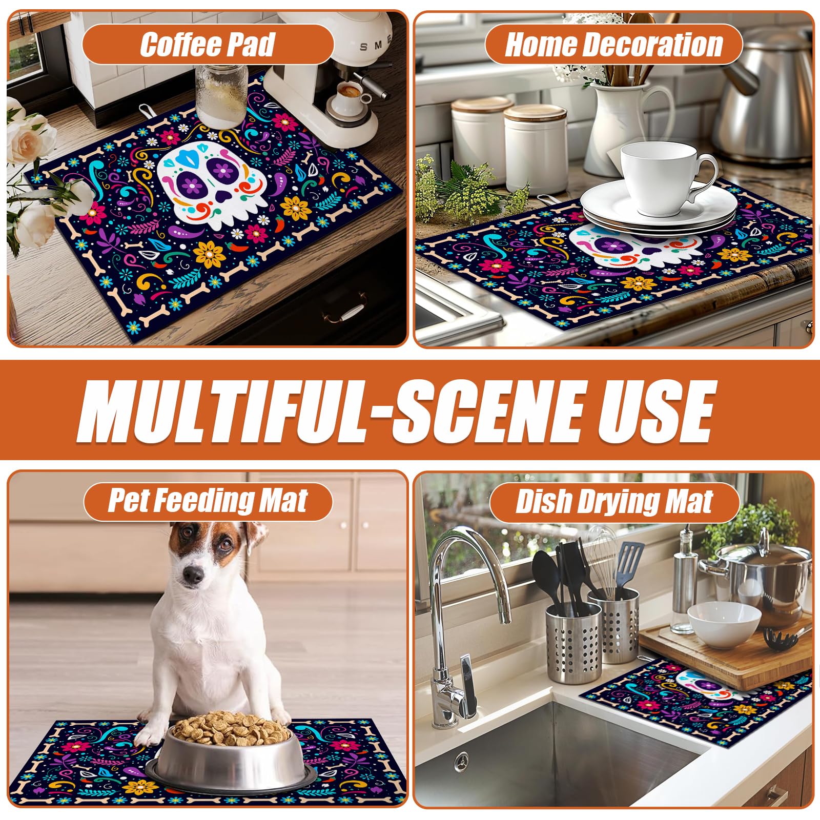 Sugar Skull Dish Drying Mat for Kitchen Counter Microfiber Absorbent Dish Day of the Dead Kitchen Drying Mat Draining Reusable Washable for Dishes