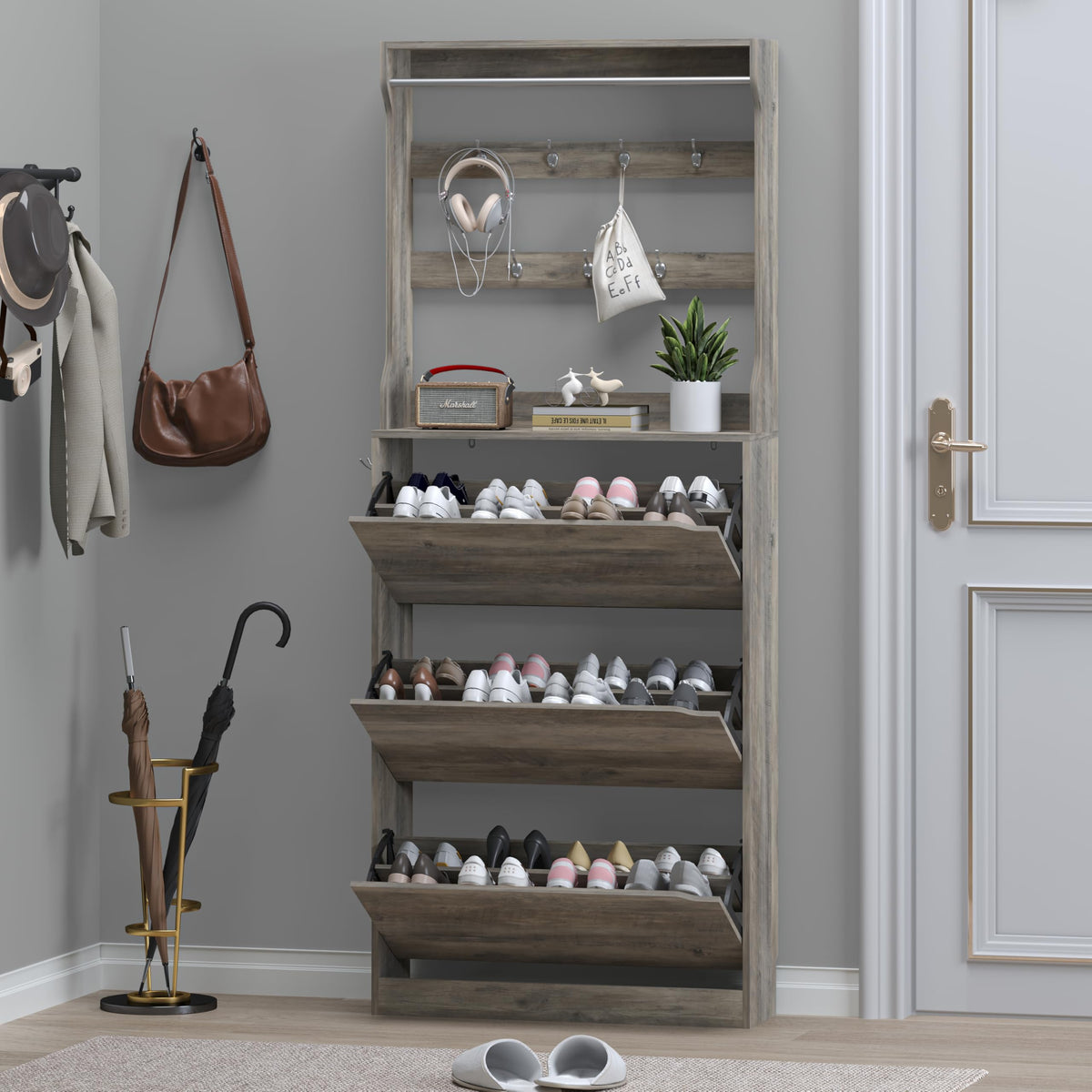 Shoe Cabinet with 3 Flip Drawers & Coat Rack