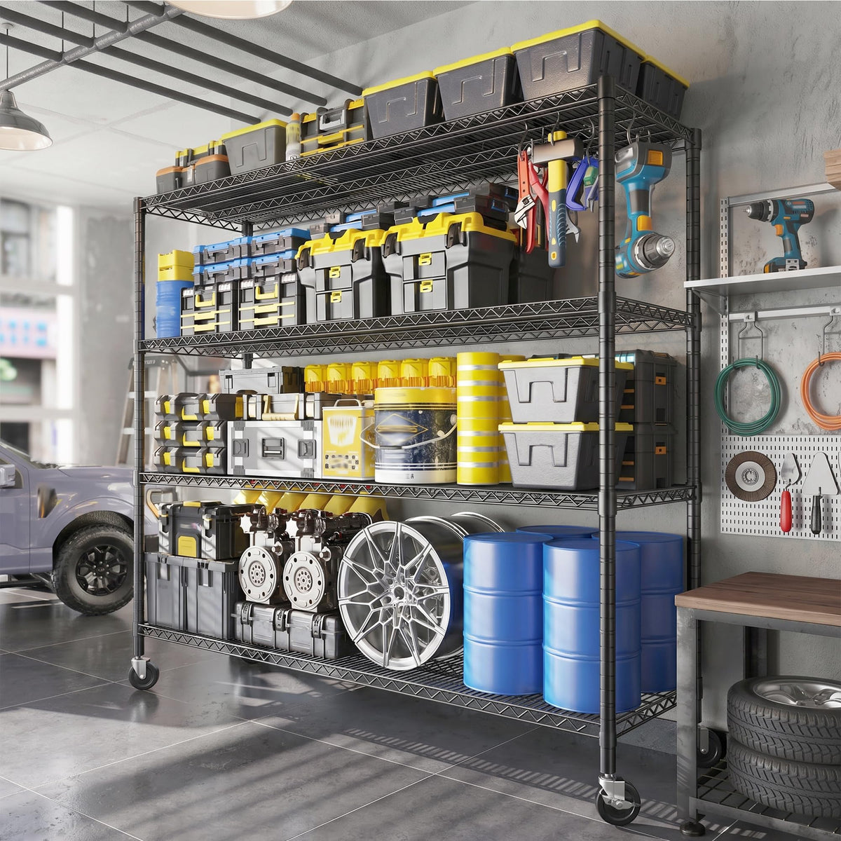55.52''W Storage Shelves 2480LBS Wire Shelving Unit with Wheels Heavy Duty Metal Shelves for Storage Adjustable Garage Storage Rack Pantry Shelf (3 Count)