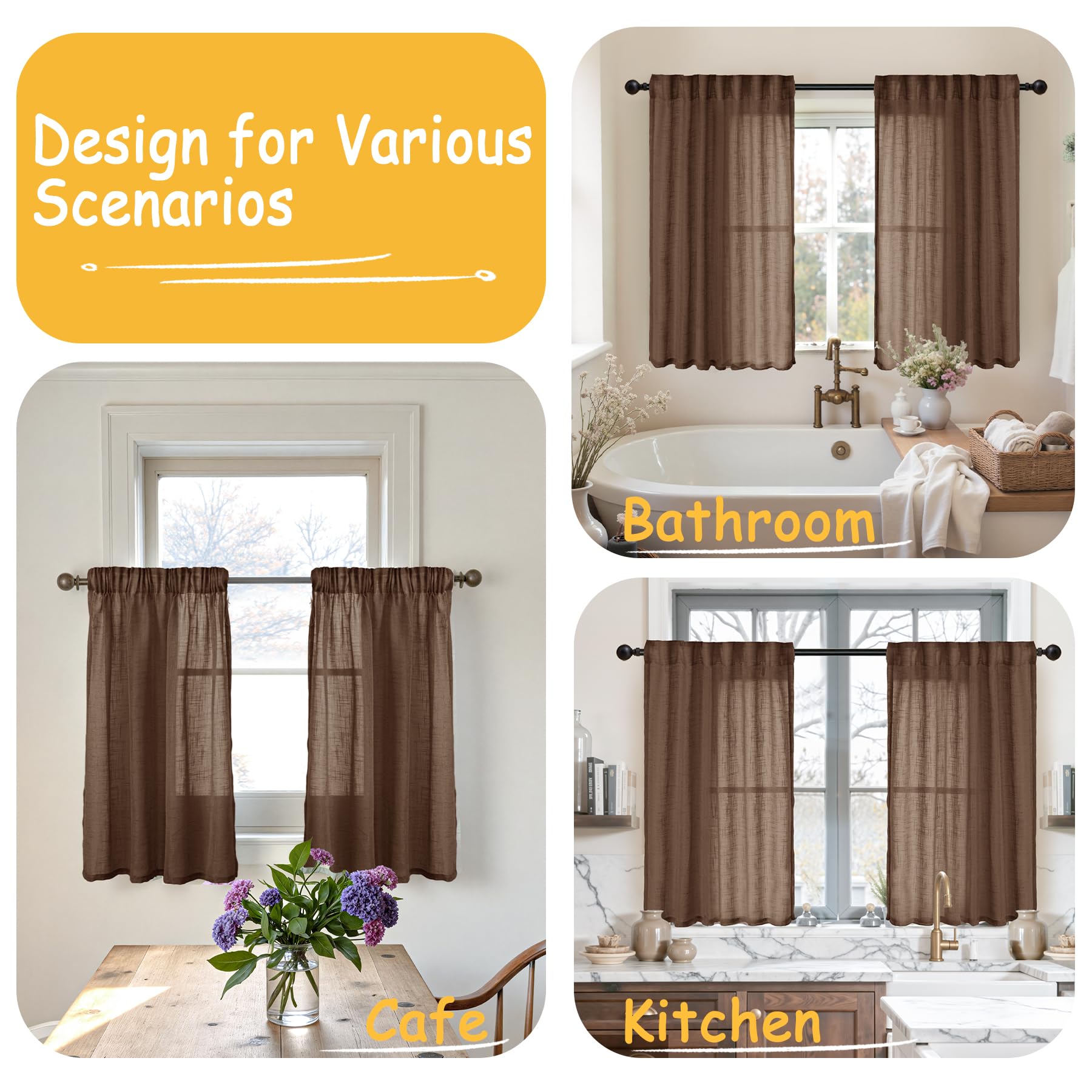 Brown Linen Semi Sheer Curtains 48 Inches Long 2 Panels (2 Count)