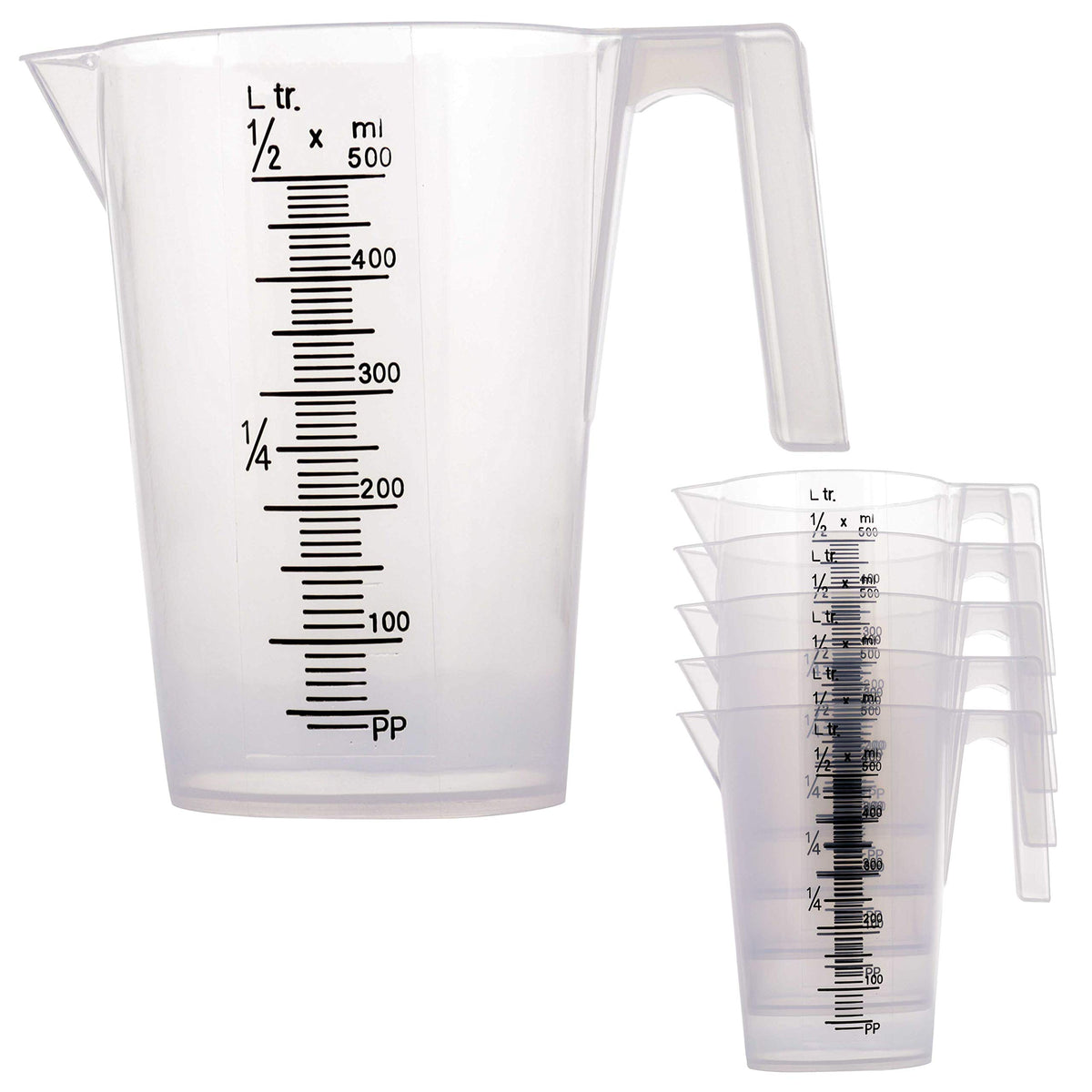 1/2 Liter (500ml) Plastic Graduated Measuring and Mixing Pitcher (Pack of 6) - Holds Over 1 Pint (16oz) - Pouring Cups, Measure & Mix Paint, Resin, Epoxy, Kitchen Cooking Baking Ingredients (6 Count)