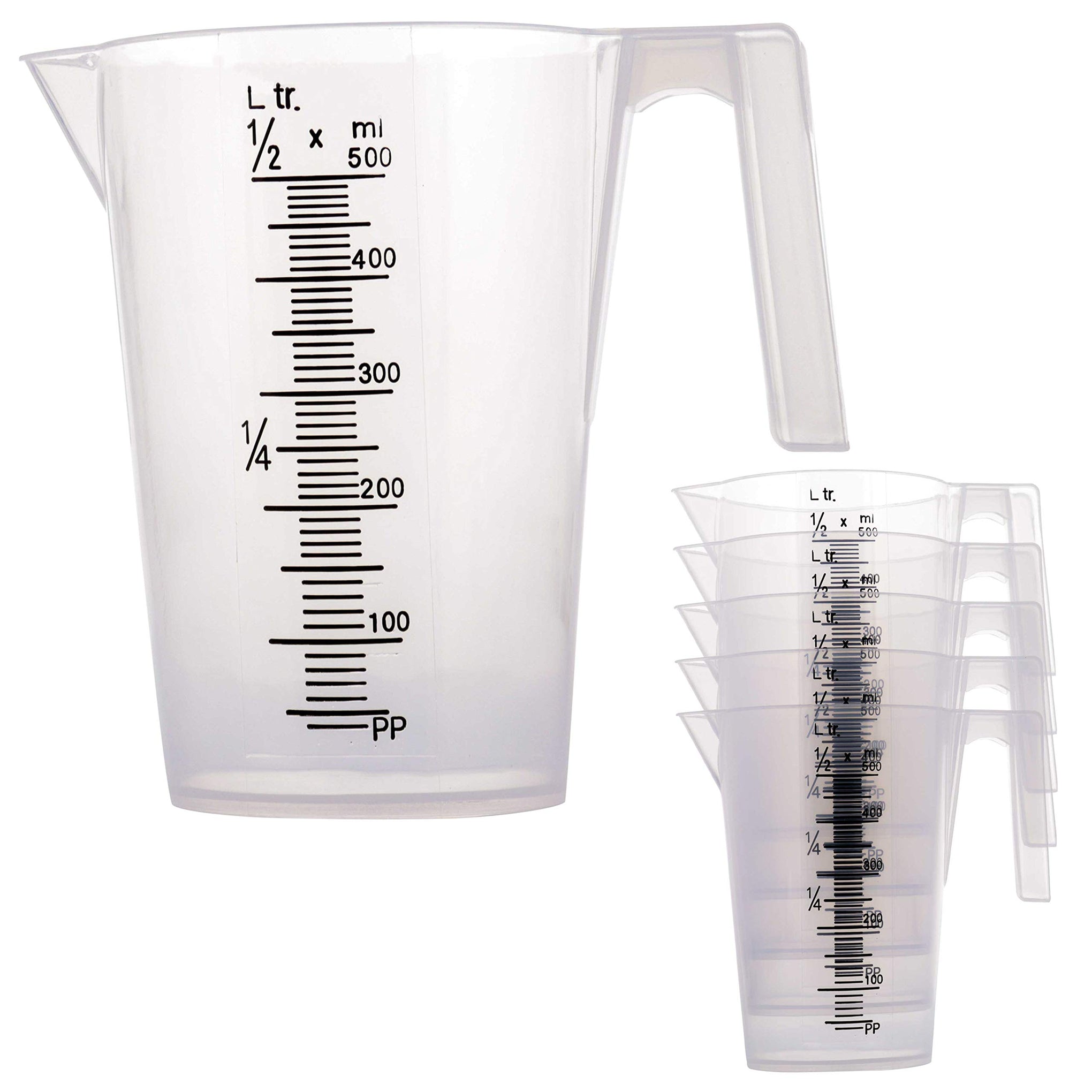 1/2 Liter (500ml) Plastic Graduated Measuring and Mixing Pitcher (Pack of 6) - Holds Over 1 Pint (16oz) - Pouring Cups, Measure & Mix Paint, Resin, Epoxy, Kitchen Cooking Baking Ingredients (6 Count)