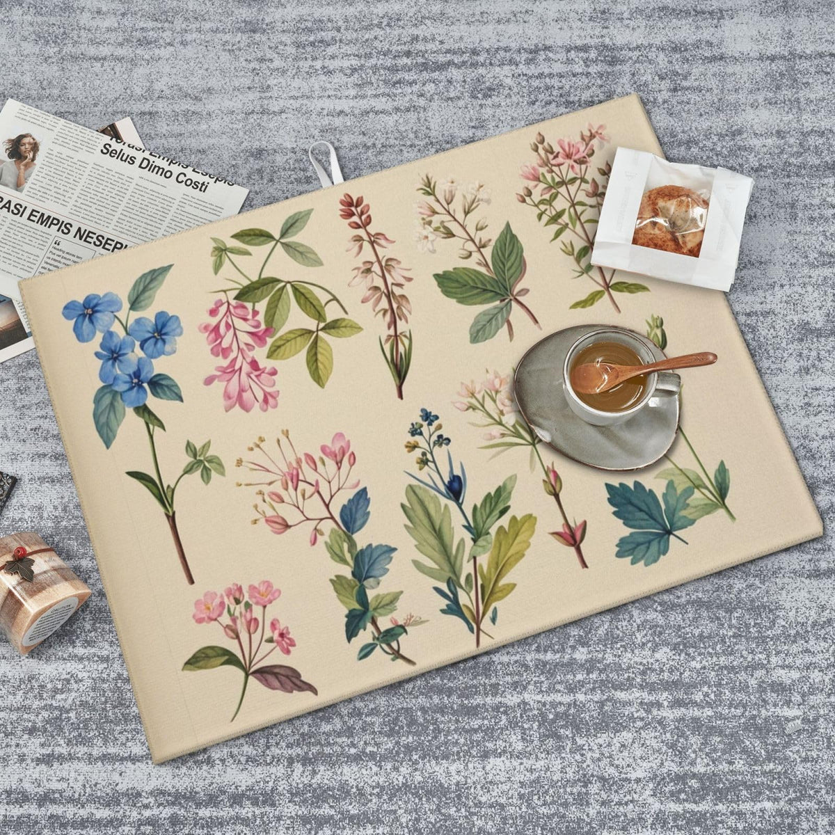 Vintage Plants Herbs Floral Dish Drying Mat Highly Absorbent Double