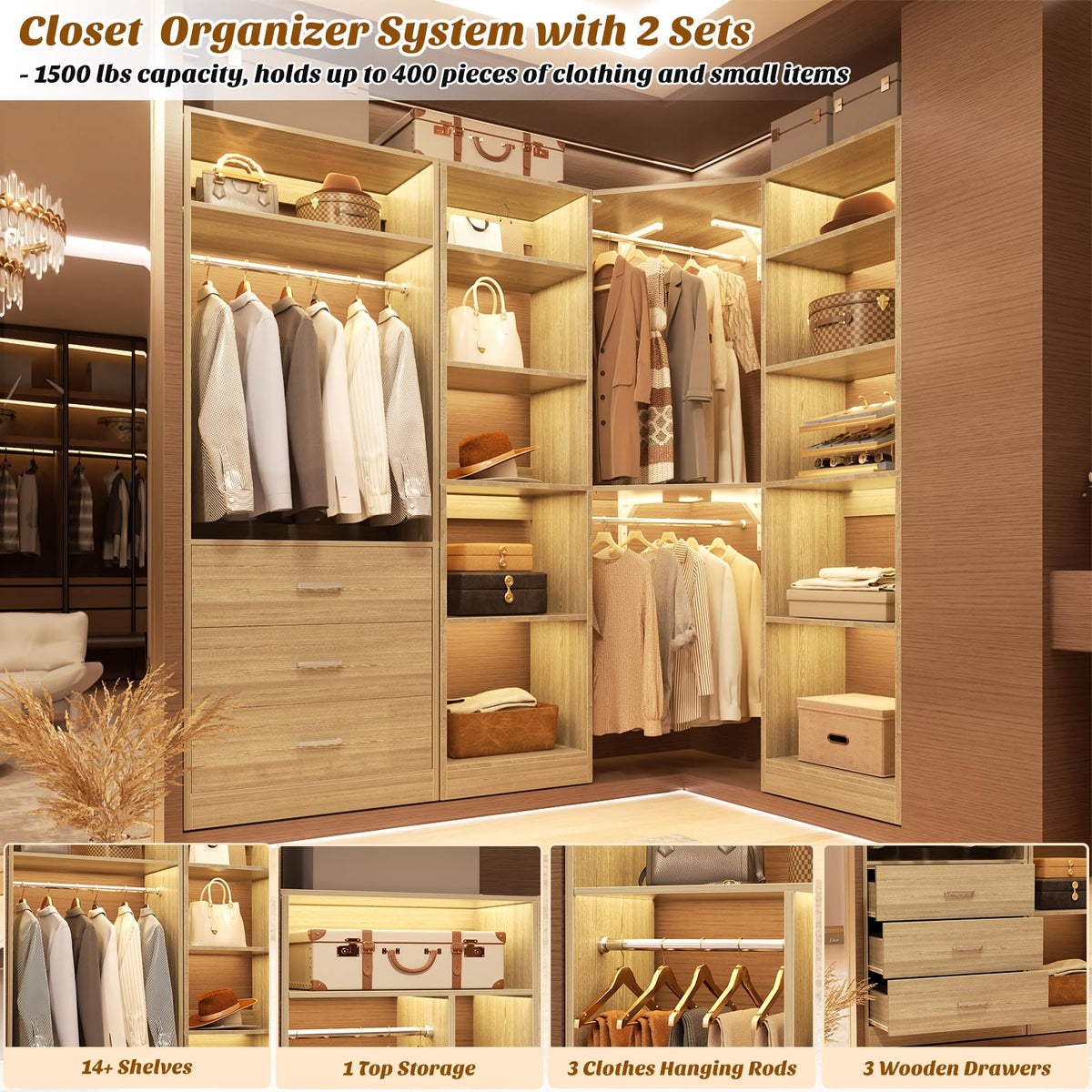 Corner Closet System with 3 Drawers