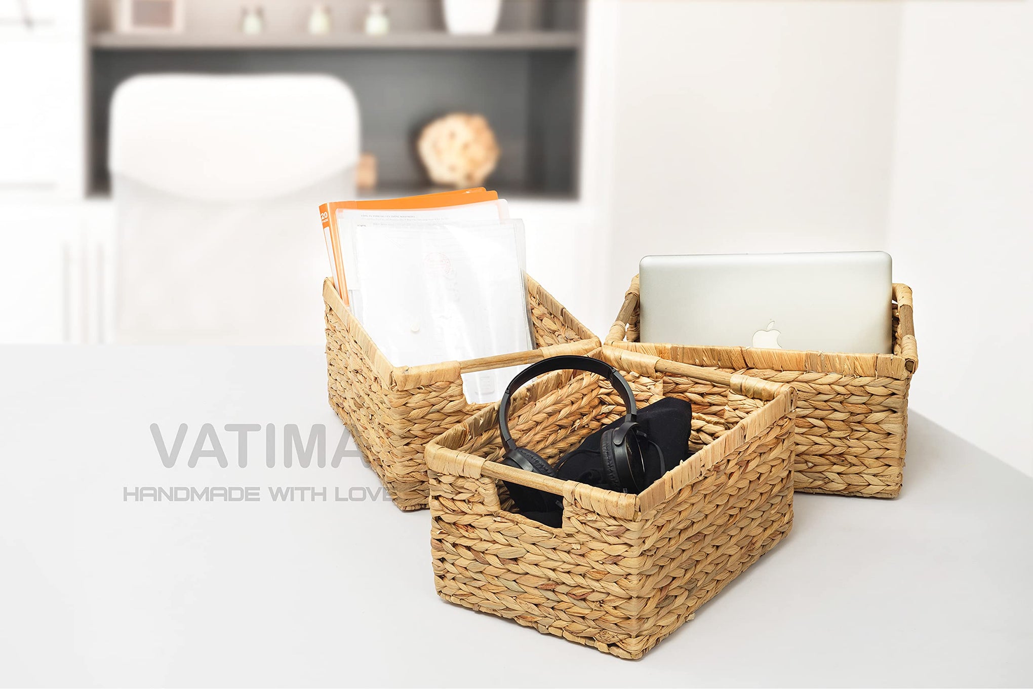 Large Rectangular Wicker Basket with Wooden Handles for Shelves and Storage