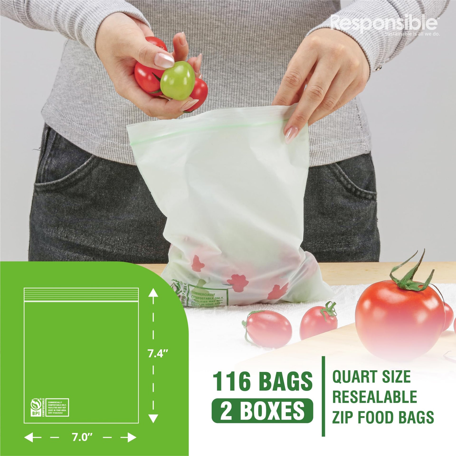 Certified Compostable QUART Resealable Zip Bag