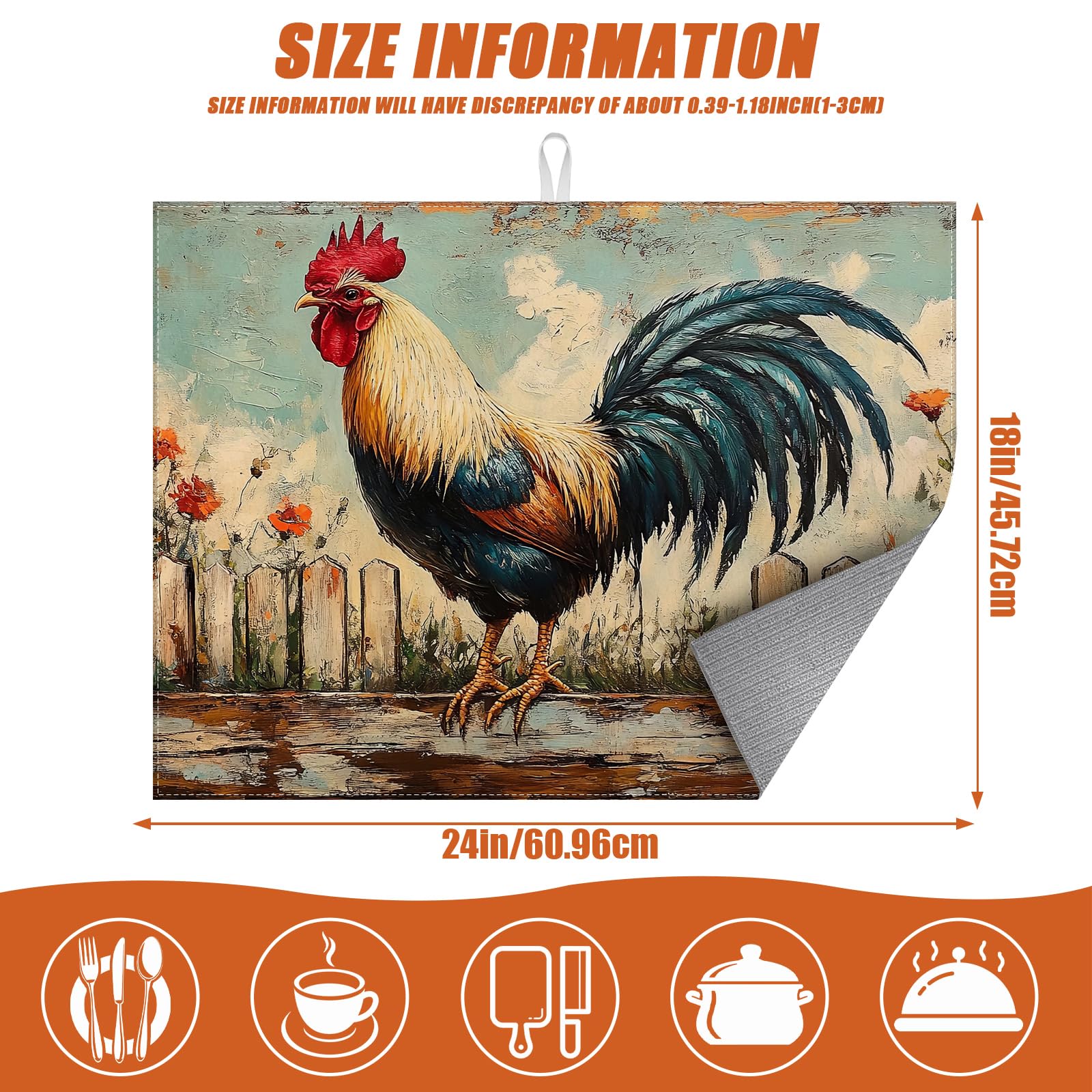 Vintage Rooster Dish Drying Mat for Kitchen Counter Microfiber Absorbent Dish Kitchen Drying Mat Draining Reusable Washable for Dishes