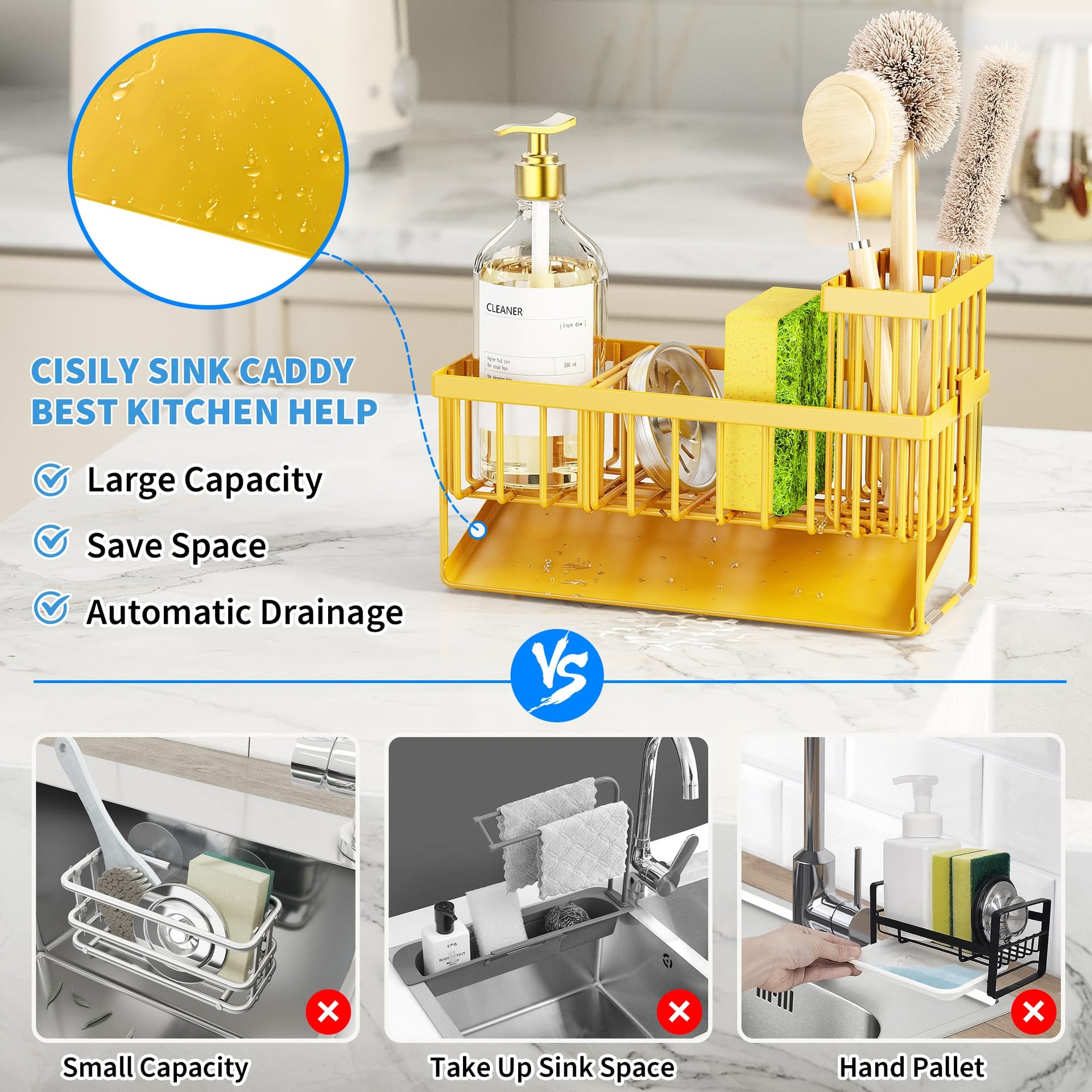 Lemon Yellow Sink Caddy Organzier with High Brush Holder