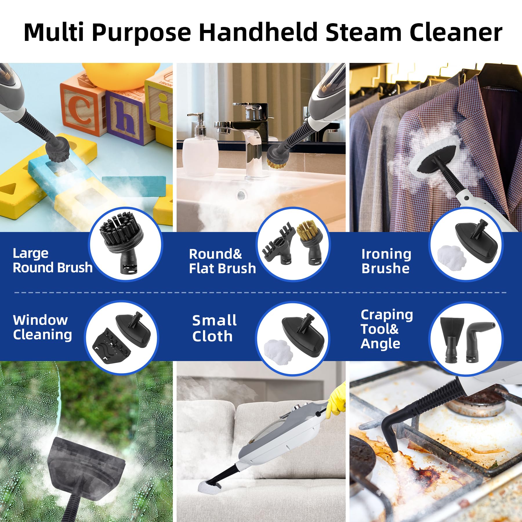 Steam Mop - 10-in-1 MultiPurpose Handheld Steam Cleaner Detachable Floor Steamer for Hardwood/Tile/Laminate Floors Carpet with 11 Accessories for Whole Home Use