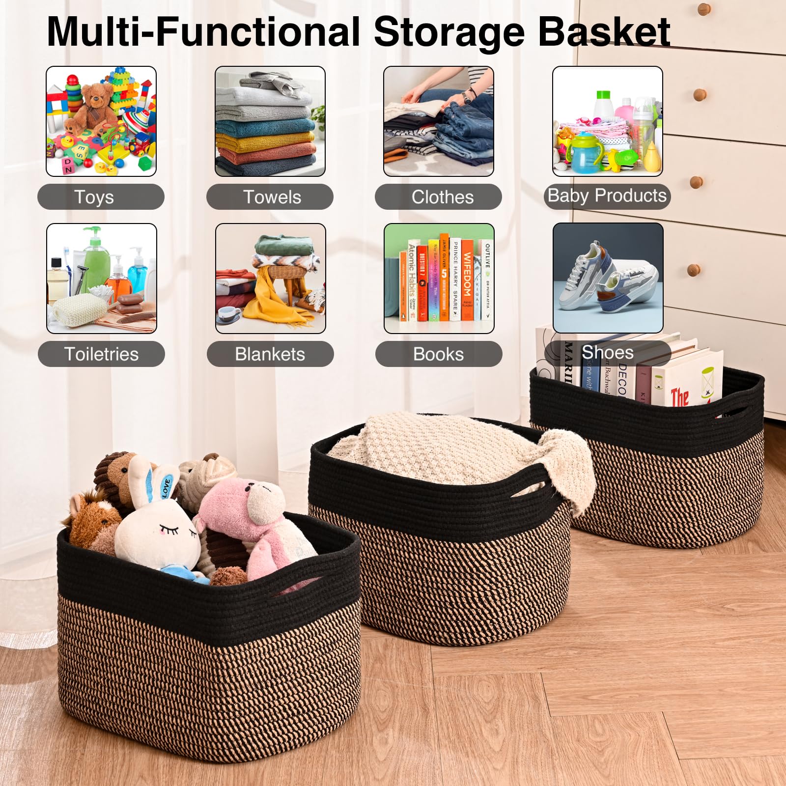 Storage Baskets for Organizing Shelves (3 Count)