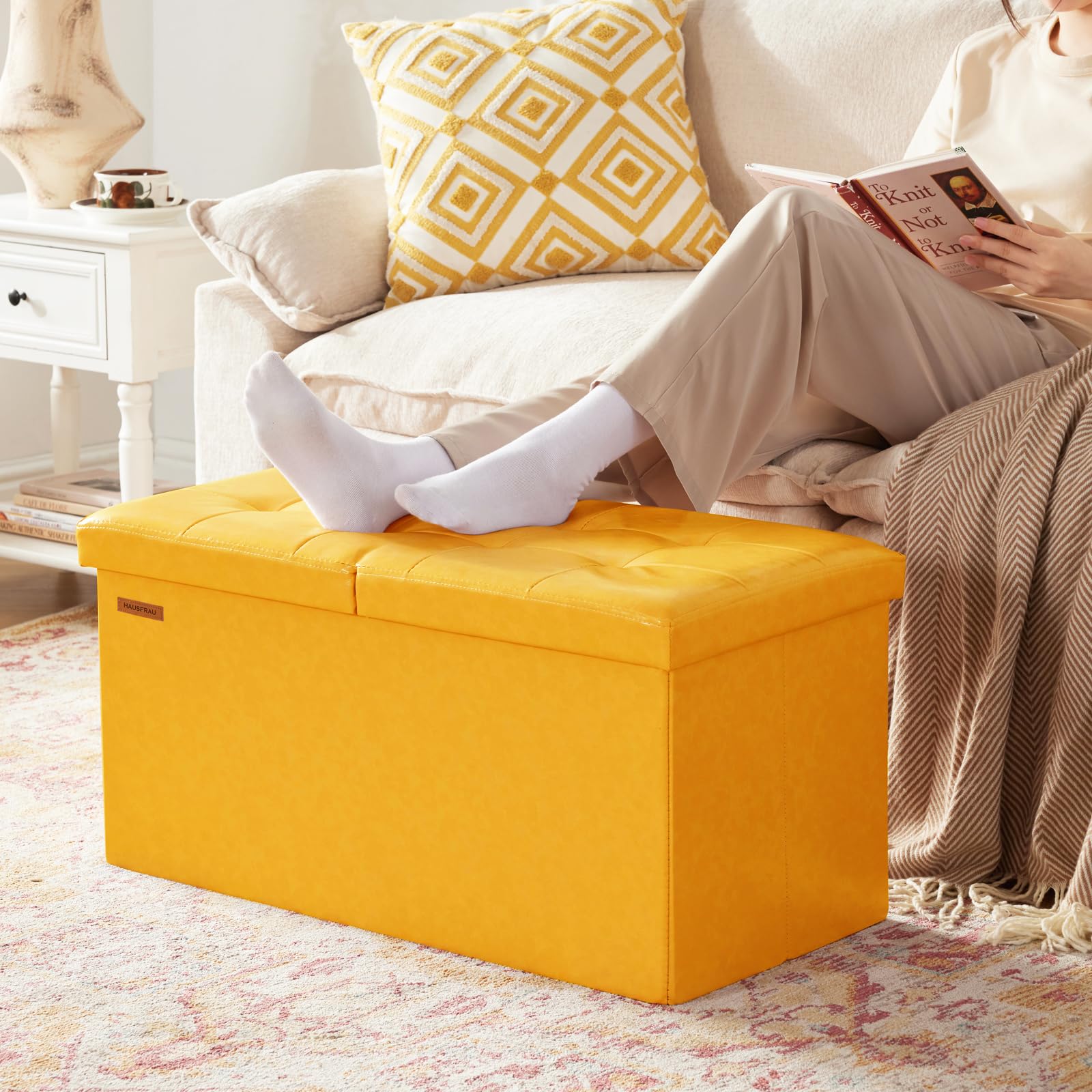 Ottoman with Storage Bench Folding Foot Rest Stool Yellow