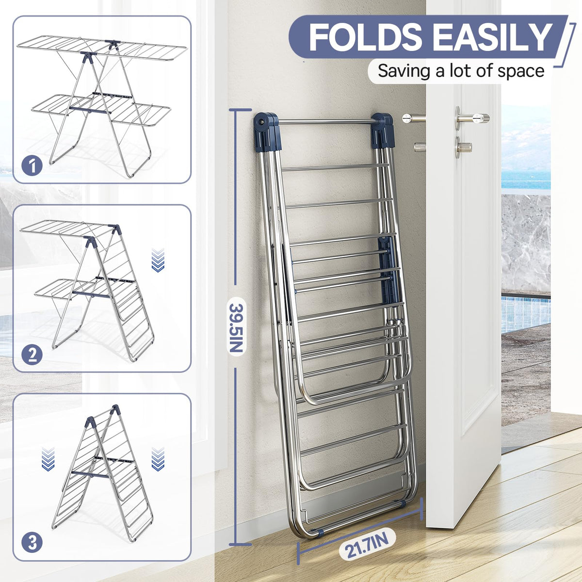 Large Stainless Steel Clothes Drying Rack with 4 Wings