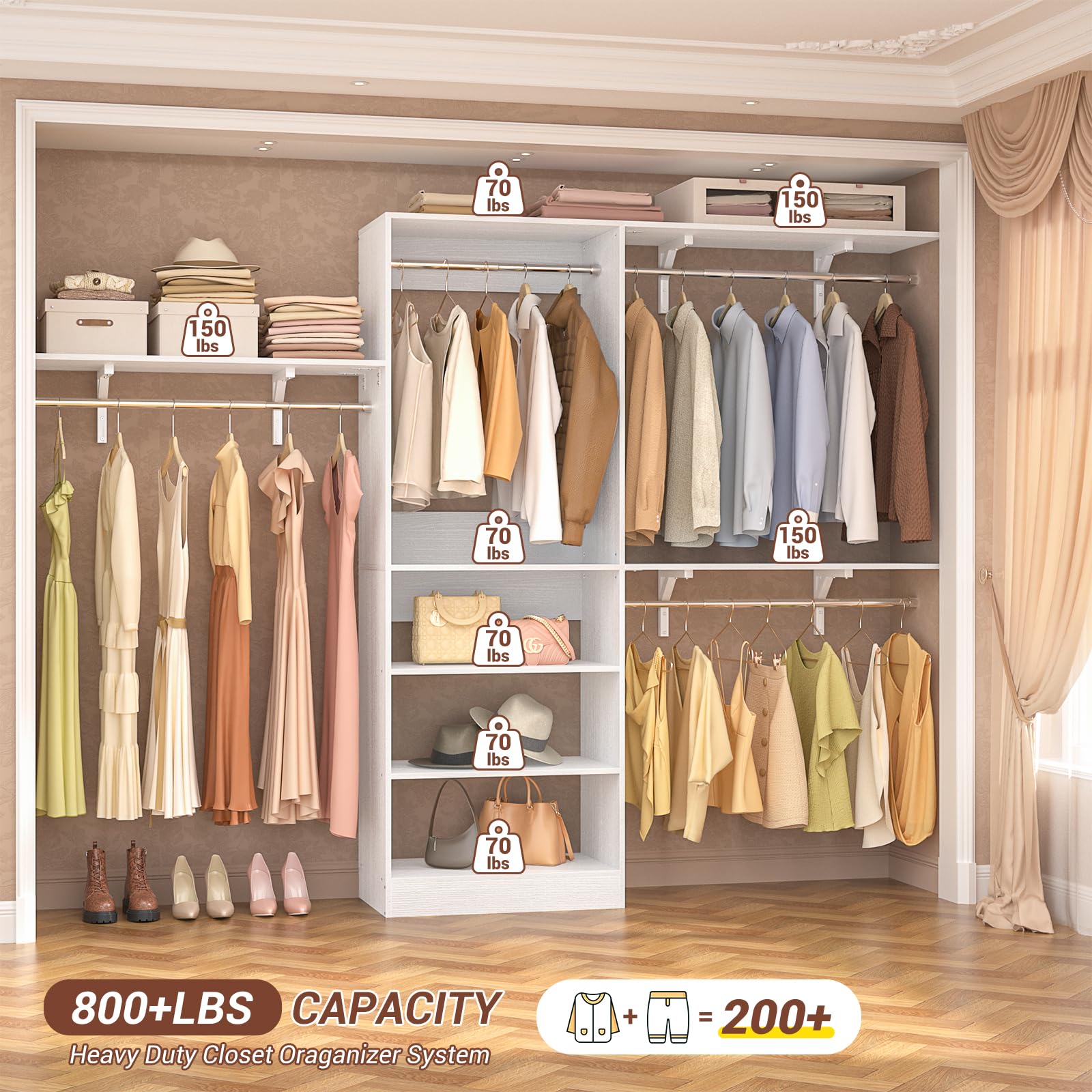 8FT Closet System with 3 Wooden Storage Shelves