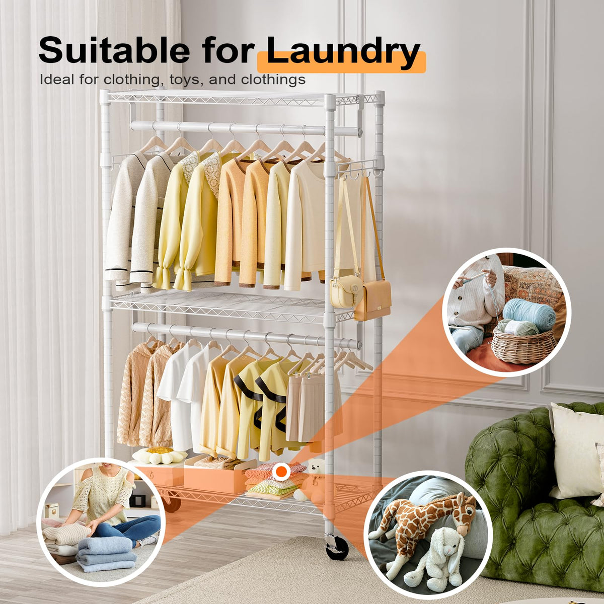 Heavy Duty Rolling Garment Rack 3 Tiers Adjustable Wire Shelving Clothes Rack with 2 Rods and Side Hooks