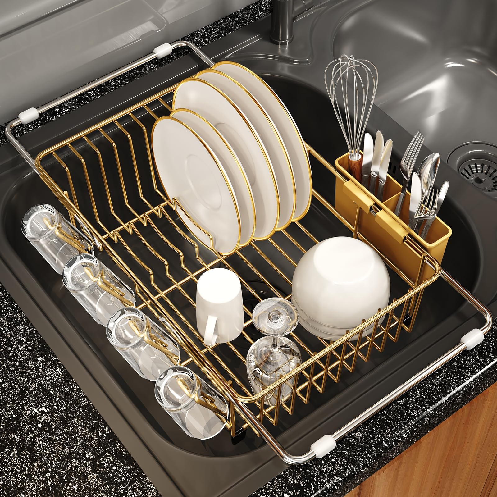 Gold Dish Drying Rack Over The Sink with Utensil Holder