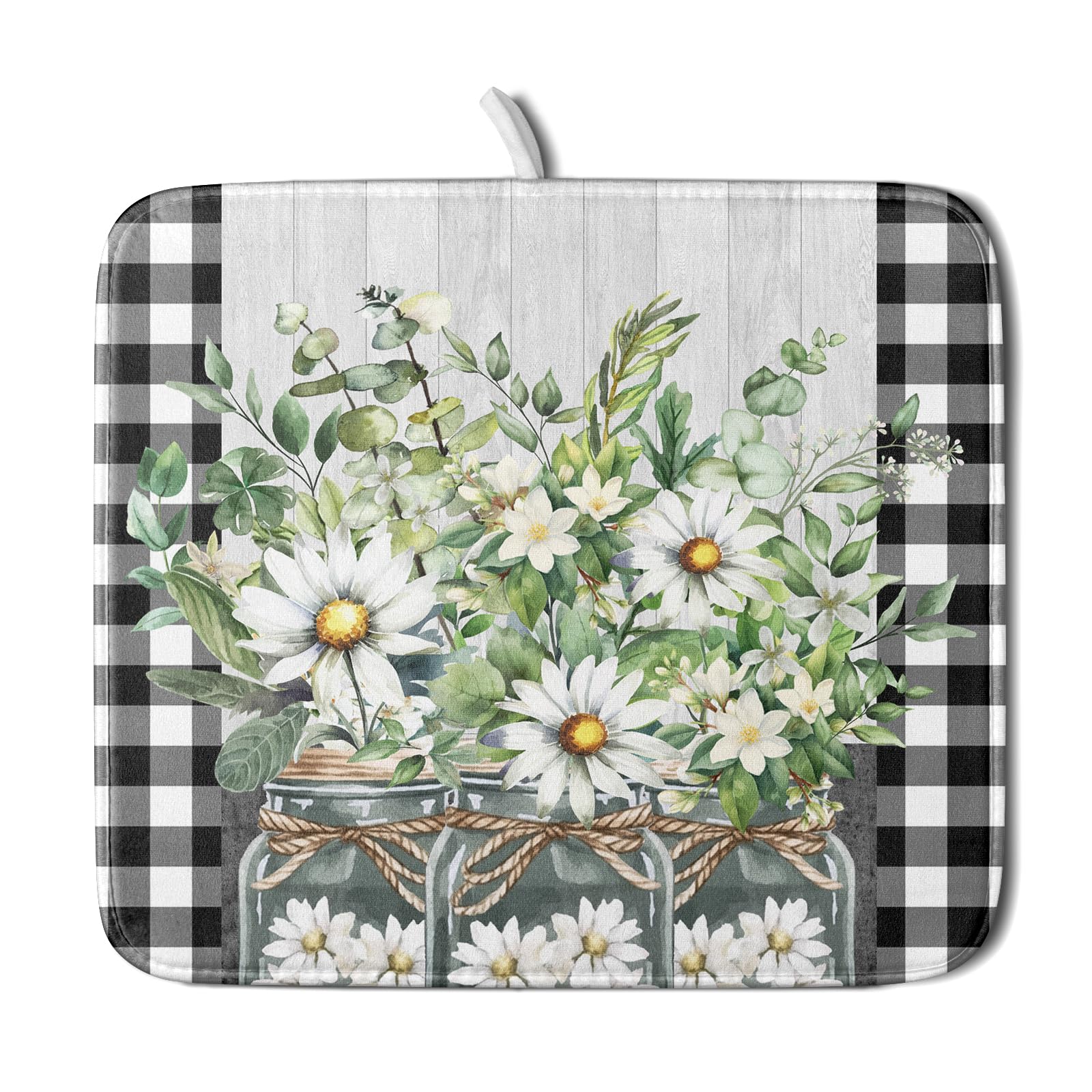 Spring Summer White Daisy Flowers Dish Drying Mat for Kitchen Counter Daisy Spring Flowers Dish Drying Mat 16x18 Inch Absorbent Reversible Microfiber Protector Drainer Mat Dishes Pad for Countertops