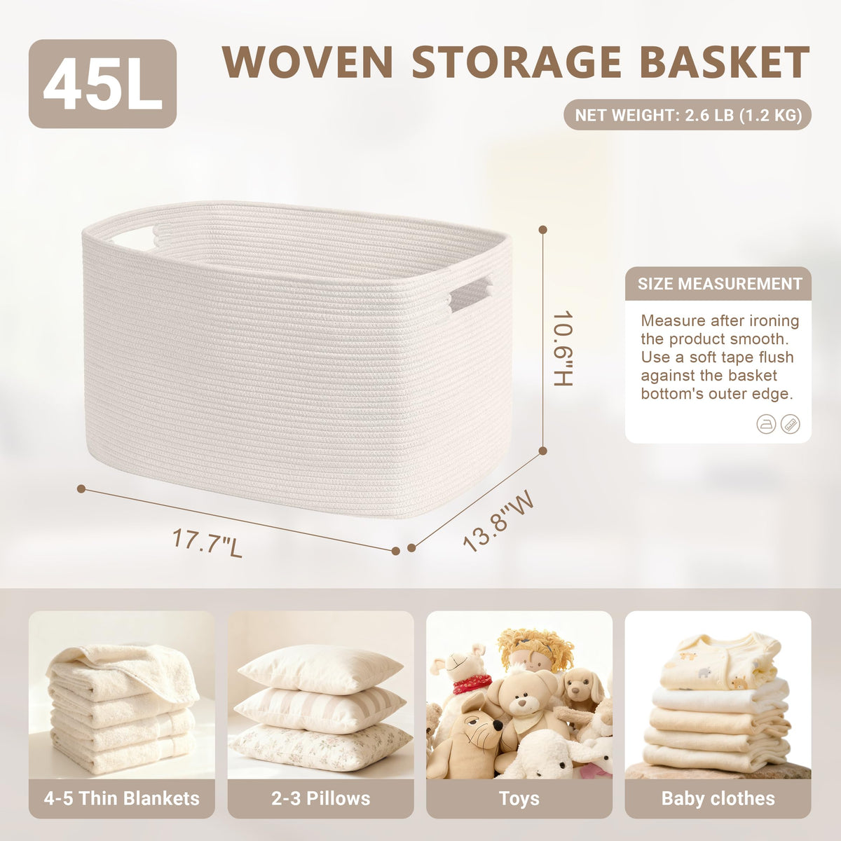 45L Small Woven Laundry Basket Hamper with Handles